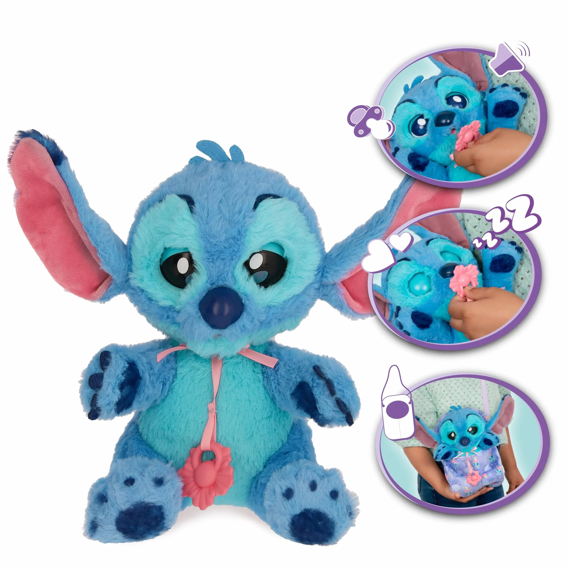 Baby Paws Stitch, Peluche Interactivo, con Sonidos Que Abre y Cierra los Ojos e Incluye una Bolsa para Llevarlo Contigo, Juguete Regalo para Niños y Niñas de 3 Años o Más