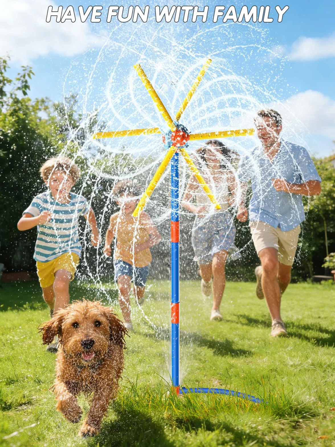 VATOS Aspersor de Molino 59 Pulgadas, Juguete de Exterior para Niños – Doble Cara con 6 Aspas & 54 Boquillas, Giro 360° – Juego de Agua para Niños, Mascotas y Riego del Césped