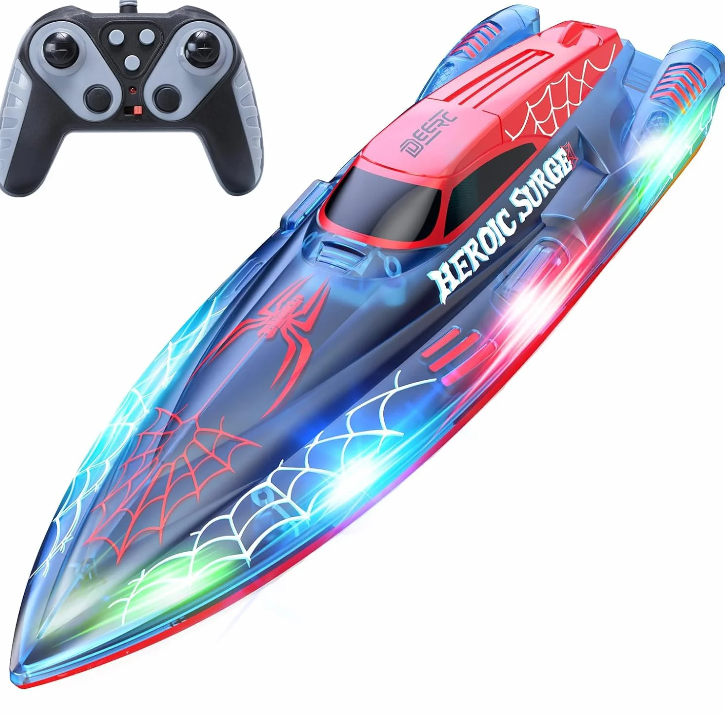 DEERC Barco teledirigido de 13 Pulgadas para niños, Barco araña teledirigido de 2,4 GHz con Luces LED para Piscinas y Lagos, Juguete acuático de Verano para niños de 8 a 12 años, 2 Pilas