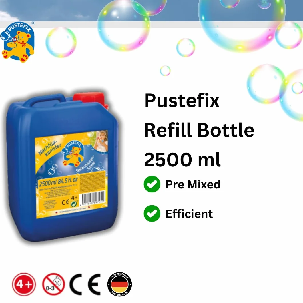 PUSTEFIX Bidón de Recarga I 2,5 l de líquido para Burbujas I Burbujas de Colores I Burbujas para Bodas, cumpleaños Infantiles, Festivales de Verano