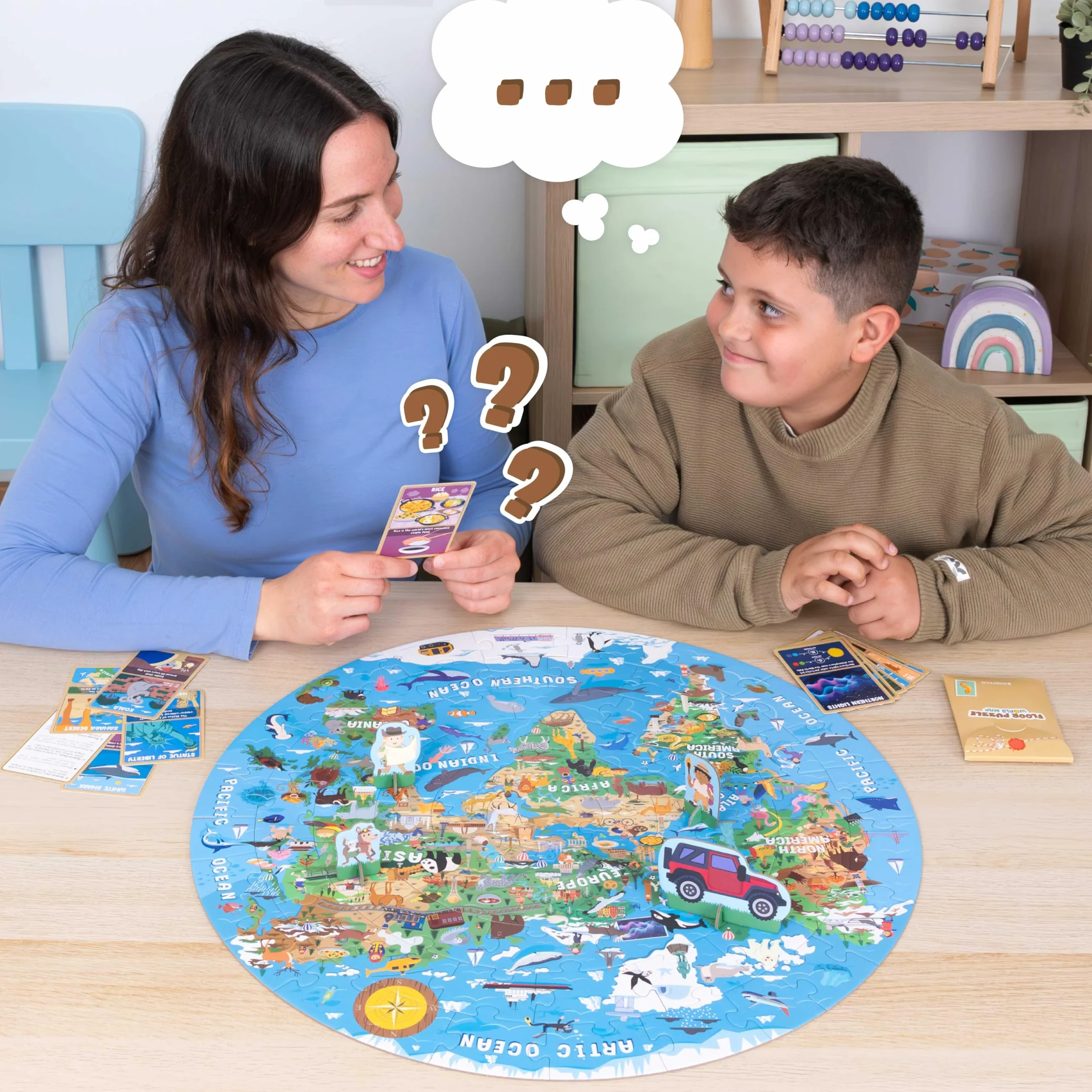 BONNYCO Puzzle XXL Mapa Mundi Niños con 70 Piezas Grandes. Rompecabezas Redondo con Animales, 58 x 58 cm, 15 Tarjetas, 4 Figuras y Guía. Juegos Educativos, Regalos, Juguetes Niños 4 Años