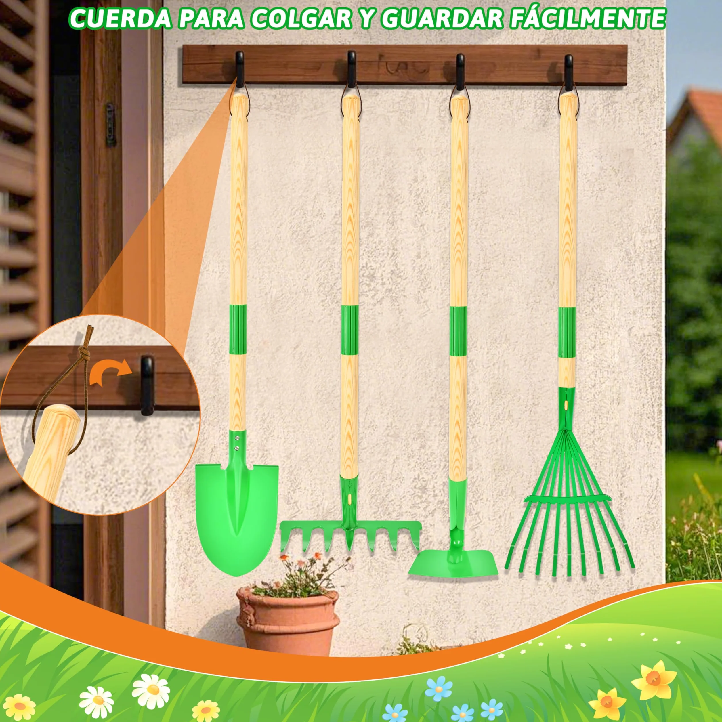 IEEILULU Juego de herramientas de jardín para niños, herramientas de jardín para niños, de madera, 7 piezas, juguete de jardín extraíble con delantal regadera, juguete de jardín al aire libre para