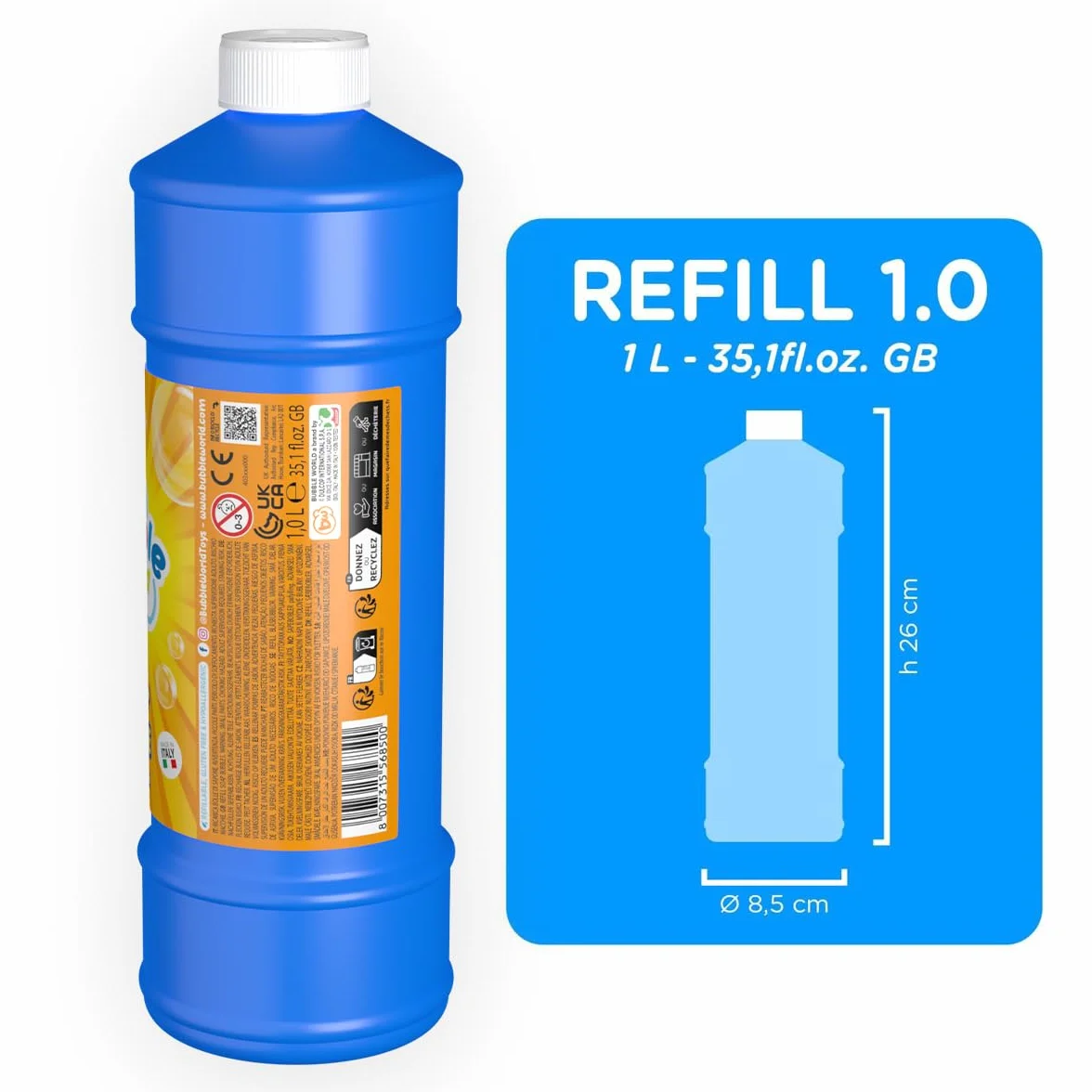 Bubble World - Recarga Líquido para Pompas de Jabón - Pompas de Jabón Niños - Líquido Listo para Usar para Pompas y Pomperos - Hipoalergénico - Sin Parabenos - Sin Gluten - 1 L - Made in Italy