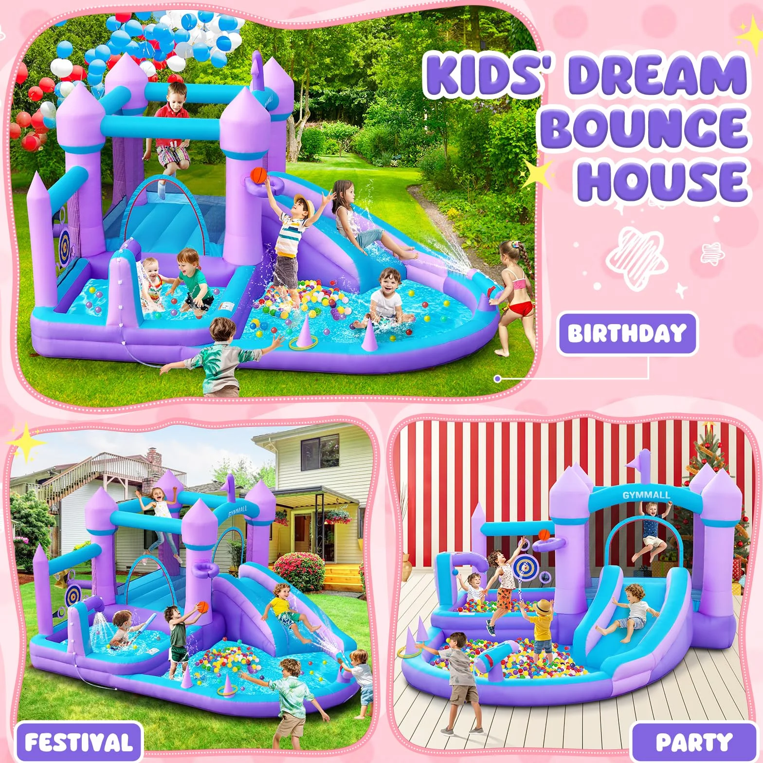 Castillo Inflable para Niños de 3-8 años, Casa de los Sueños Morada con Tobogán de Agua y Soplador de 480W, Gran Castillo Inflable con Zona de Salto, Piscina de Bolas, Alberca