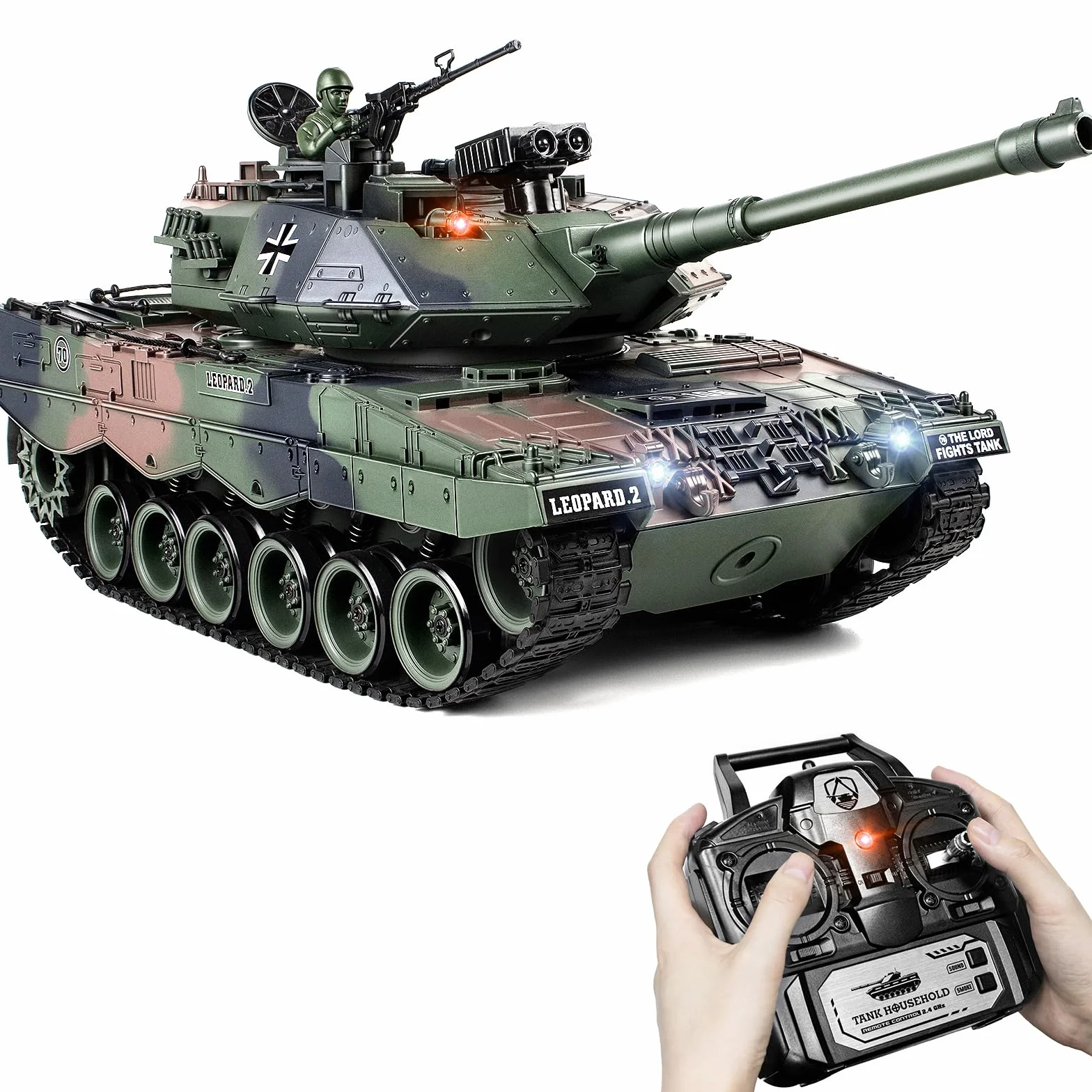 Supdex Tanque RC 1:18 Leopard II, con Luz, Humo y Sonido, Tanque de Juguete Militar a Control Que Dispara BBS y Bombas de Agua, Tanque Teledirigido Adulto y para Niños con Mando 2.4GHz
