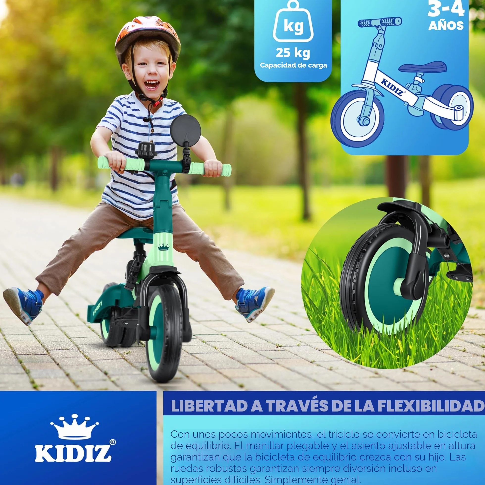 KIDIZ® 6en1 Bicicleta de Balance, Triciclo para niños de 1 año a 5 Años, Capacidad de Carga hasta 25kg, Incl. Manillar/Barra de Seguridad/Cinturón de Seguridad/Timbre/Espejo