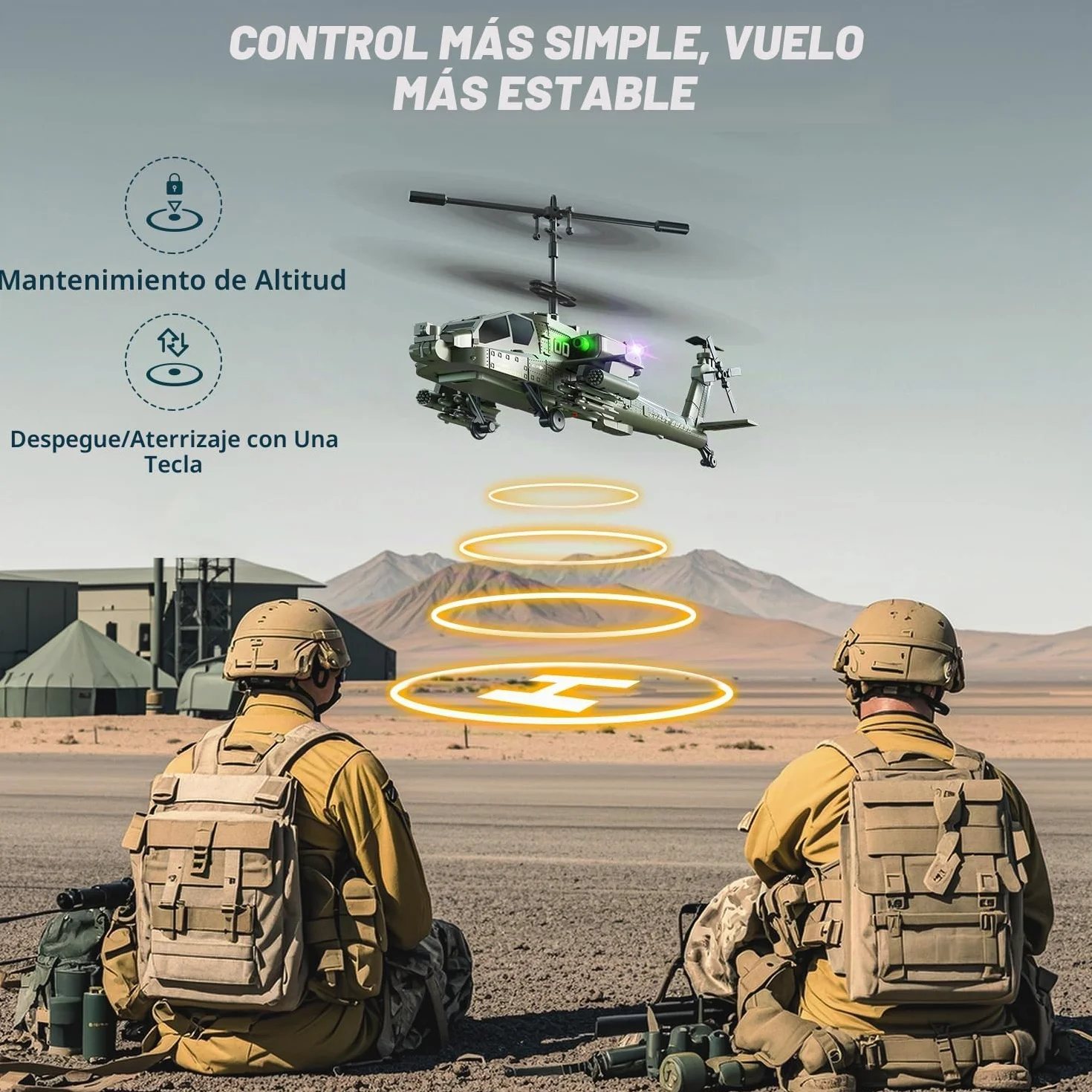 VATOS Helicóptero teledirigido 2.4G con 2 baterías y luz LED con despegue con un solo botón, serie militar de juguetes helicóptero RC para niños o principiantes de edades comprendidas entre 14 y más