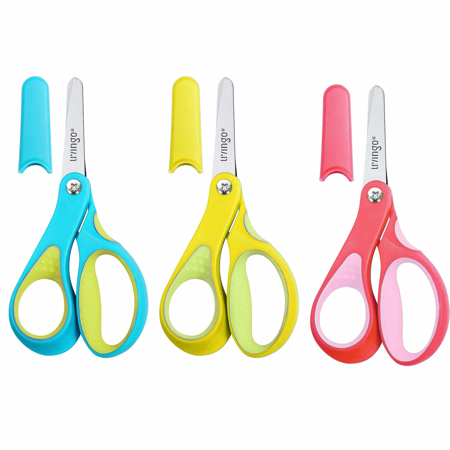 LIVINGO Tijeras para zurdos, 12,7 cm, punta roma, acero inoxidable, tijeras de seguridad para niños, niños pequeños, aulas, papel de manualidades, amarillo, rosa, azul, paquete de 3