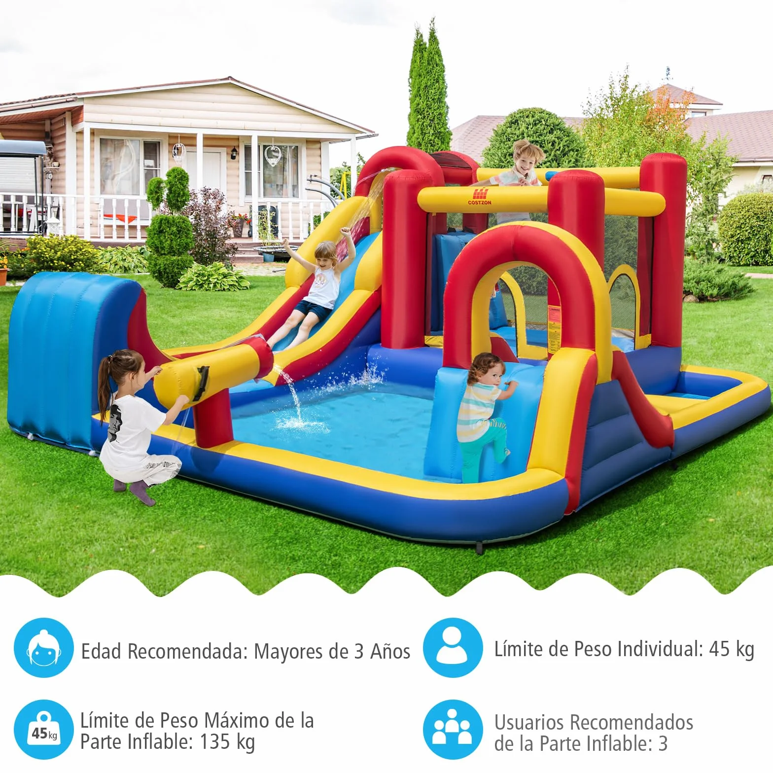COSTWAY Castillo Hinchable Grande, Parque Acuático Infantil con Doble Tobogán, 2 Piscinas, Área de Salto y Aro de Baloncesto, 450 x 392 x 216 cm, para Jardín Patio, Multicolor (sin Soplador)