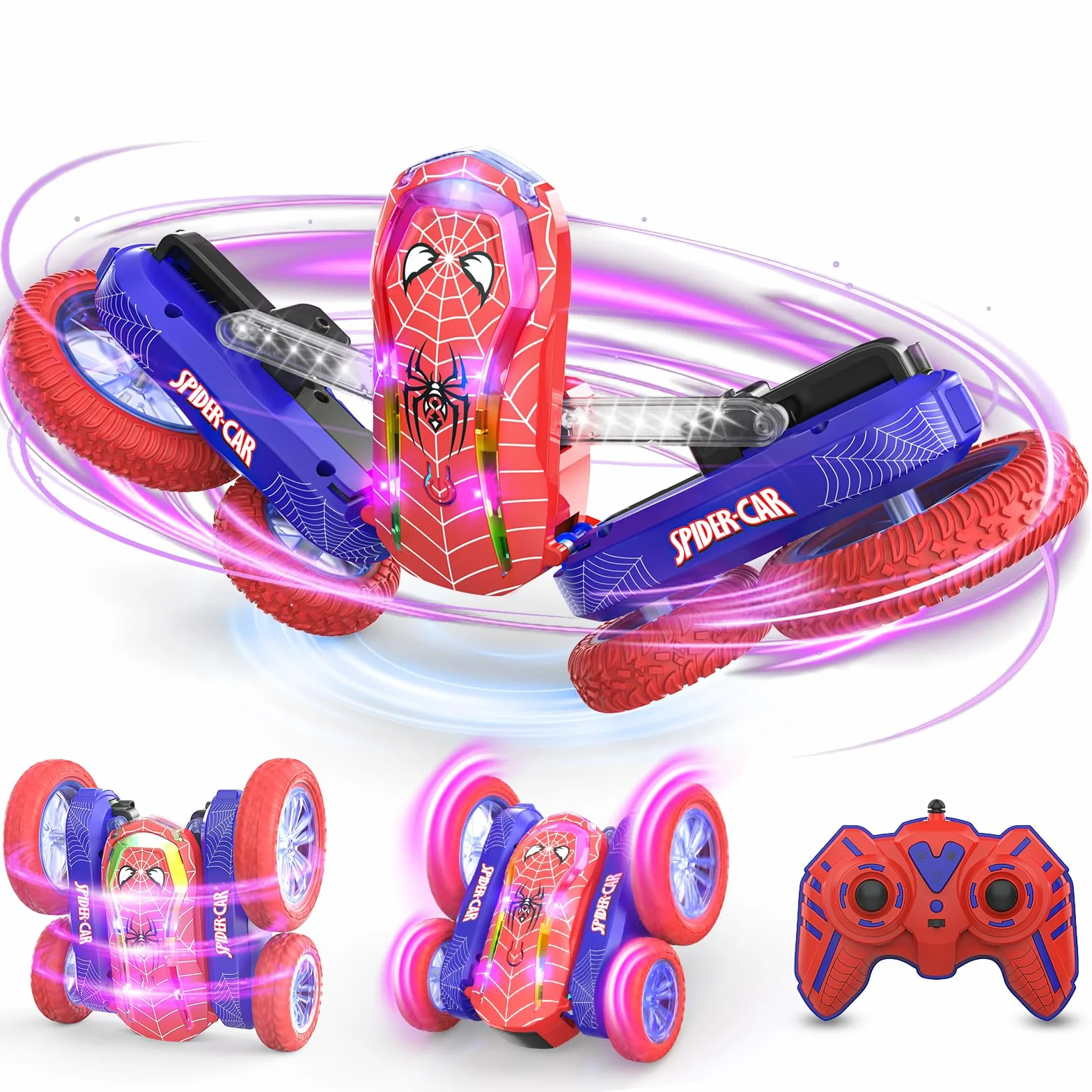 Coche Teledirigido Niños 4 5 6 7 8 9 10 Años, Spider Juguete Monster Truck RC Carro Radiocontrol Acrobático con Espectáculo de Luz, Remote Car Regalo Niña Cumpleaños Navidad Juego Infantiles Exterior