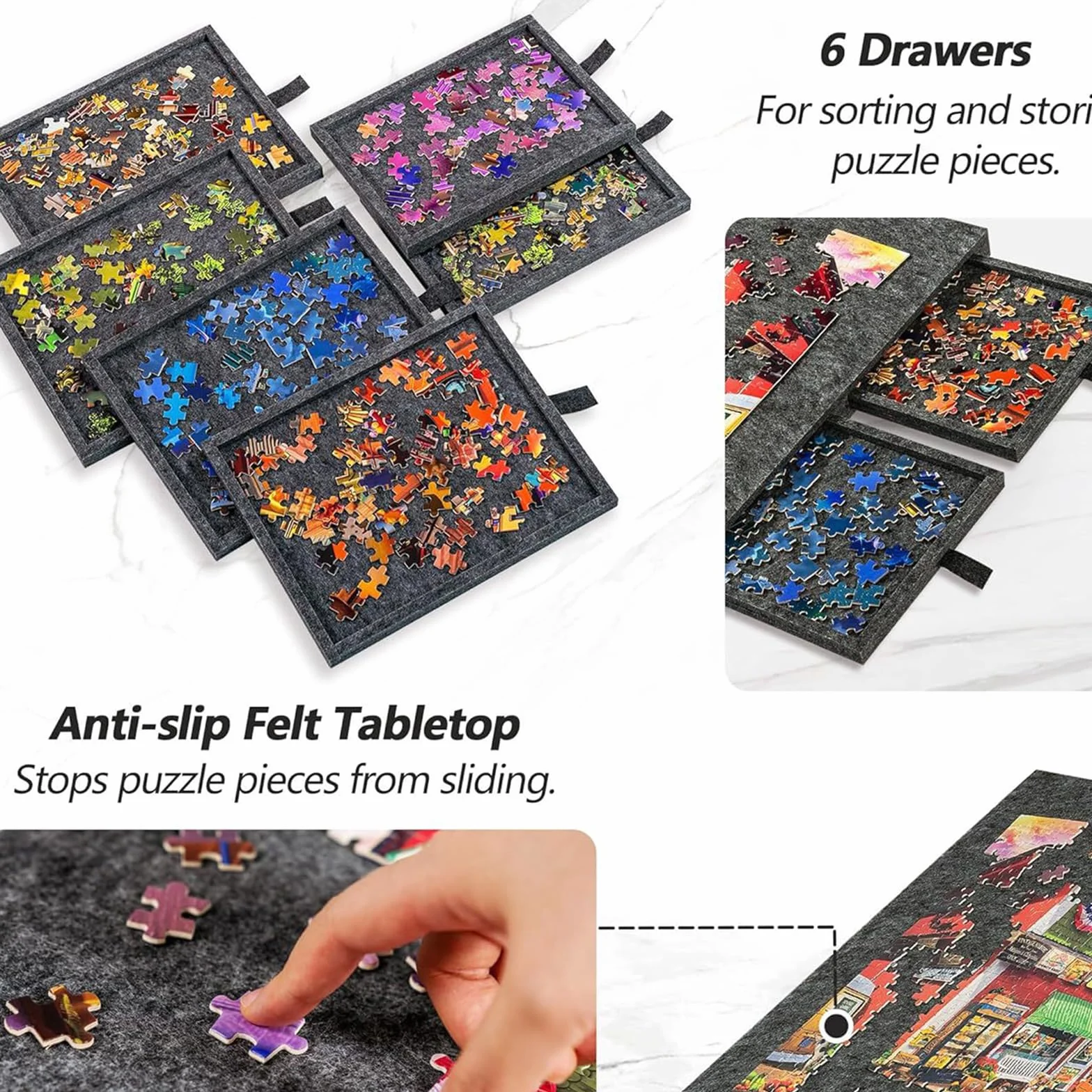 Tablero de rompecabezas, soporte plegable ajustable, tapete portátil con cubierta y 6 cajones, tablero de rompecabezas con 4 bandejas de clasificación plegables para hasta 1000 piezas (gris oscuro)