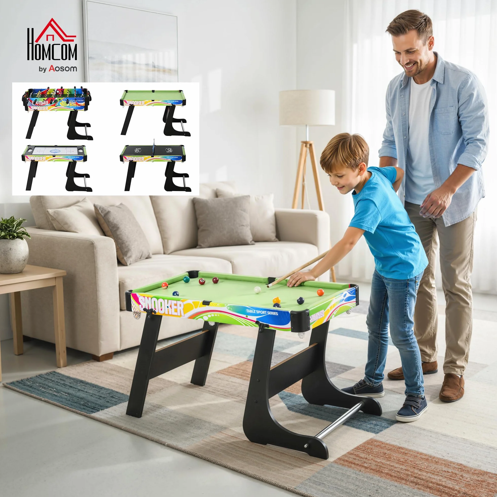 HOMCOM Mesa Multi Juegos Plegable 4 en 1 con Futbolín, Hockey, Billar y Ping-Pong, Mesa de Juegos de Sobremesa con Accesorios Incluidos, Diversión en Casa, 86,5x43,5x64 cm
