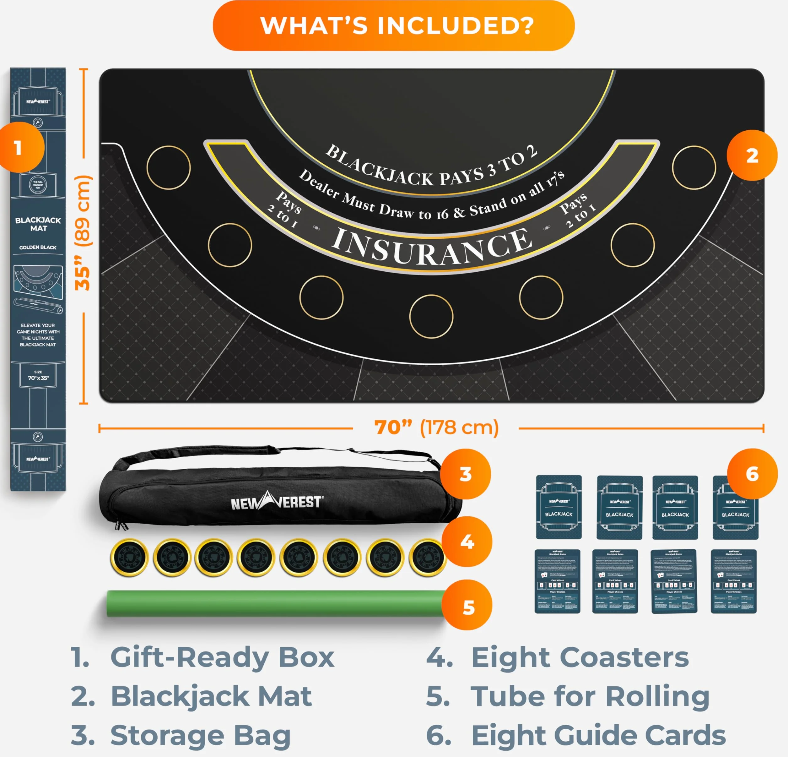 Newverest Tapete De Blackjack 178 x 89 cm (70x35 in), Tapete De Blackjack De Mesa Estilo Casino para Noches De Juego, con Bolsa con Cremallera Y 8 Posavasos En Caja Regalo