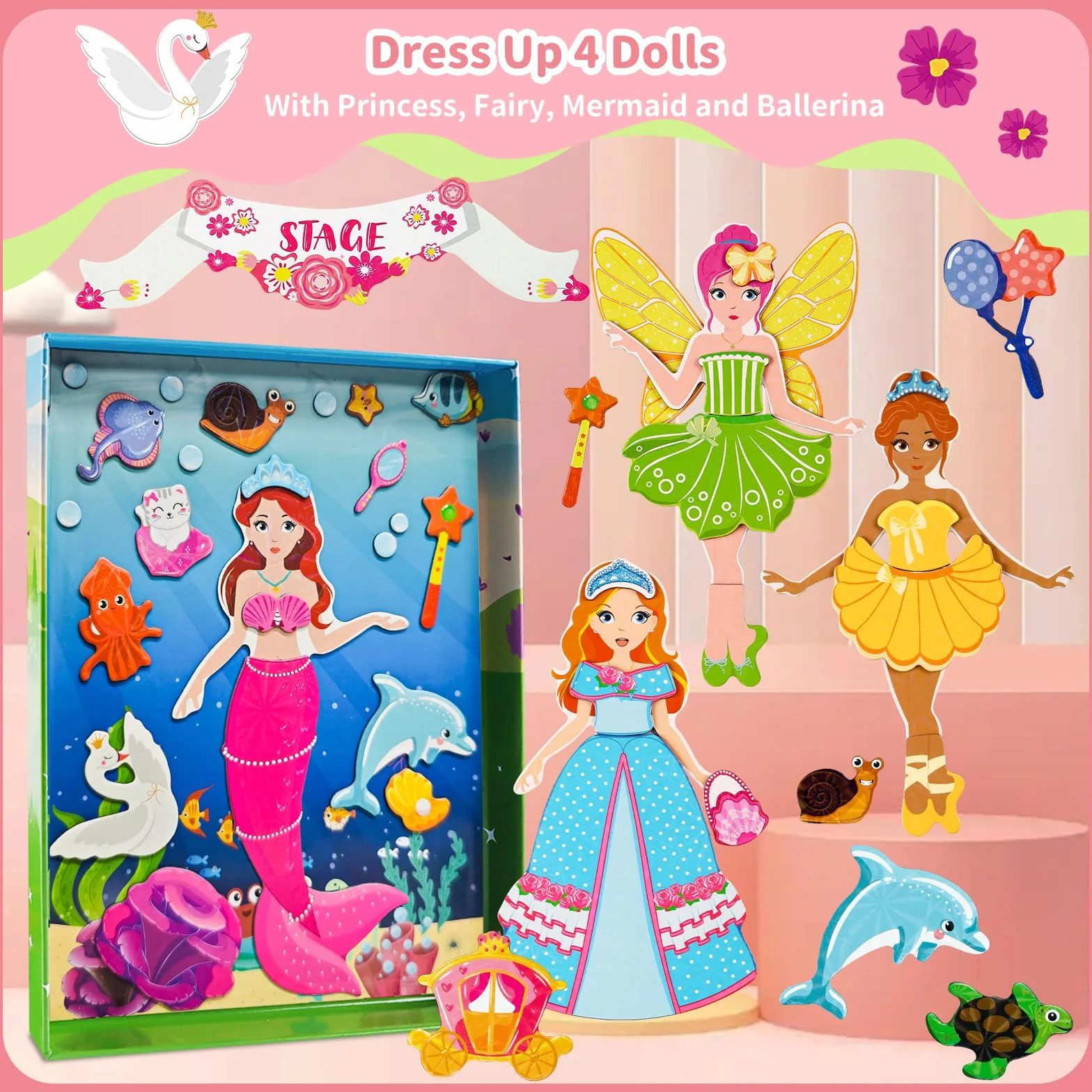Muñecas magnéticas de vestir para niñas, kits de vestir con 82 piezas magnéticas, bailarina, sirena, juegos de viaje, viajes por carretera, avión, juguetes de actividad para niñas de 3, 4, 5, 6, 7