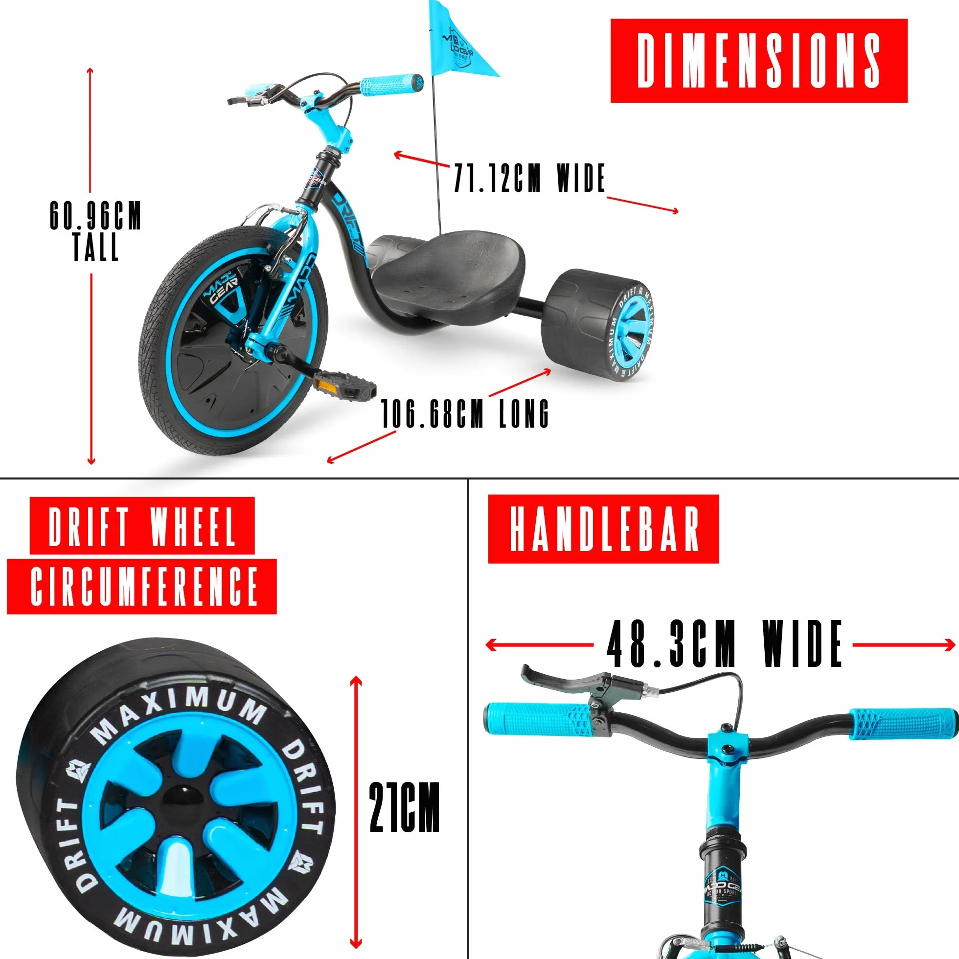 Drift Trike para niños a partir de 5 a 16 pulgadas con rueda grande con asiento ajustable, marco de acero, ruedas traseras y bandera de seguridad, Madd Gear (negro azul)