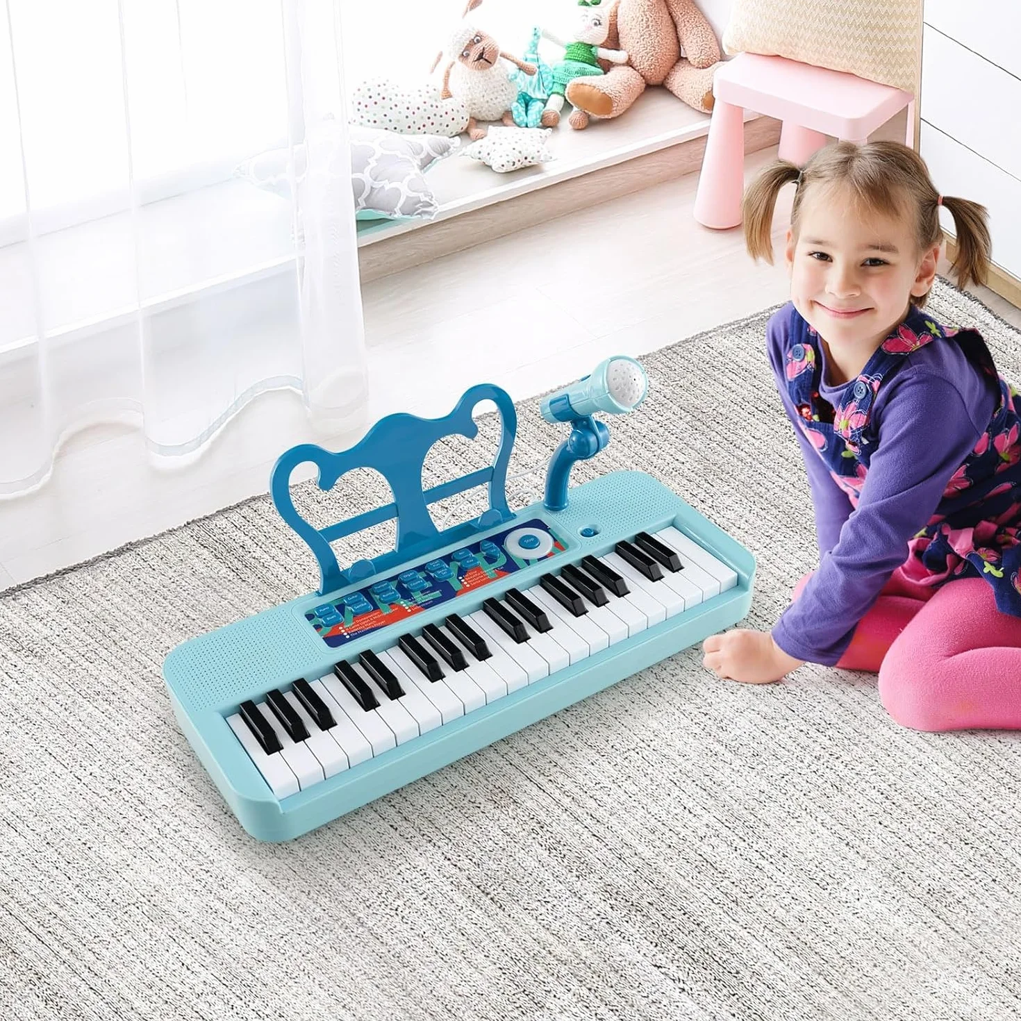 RELAX4LIFE Piano Infantil 37 Teclas con Micrófono, Taburete, Atril, Grabación y Reproducción, Volumen Ajustable, Karaoke Infantil con 22 Canciones, 4 Ritmos, 4 Instrumentos para Niños 3+ Años (Azul)
