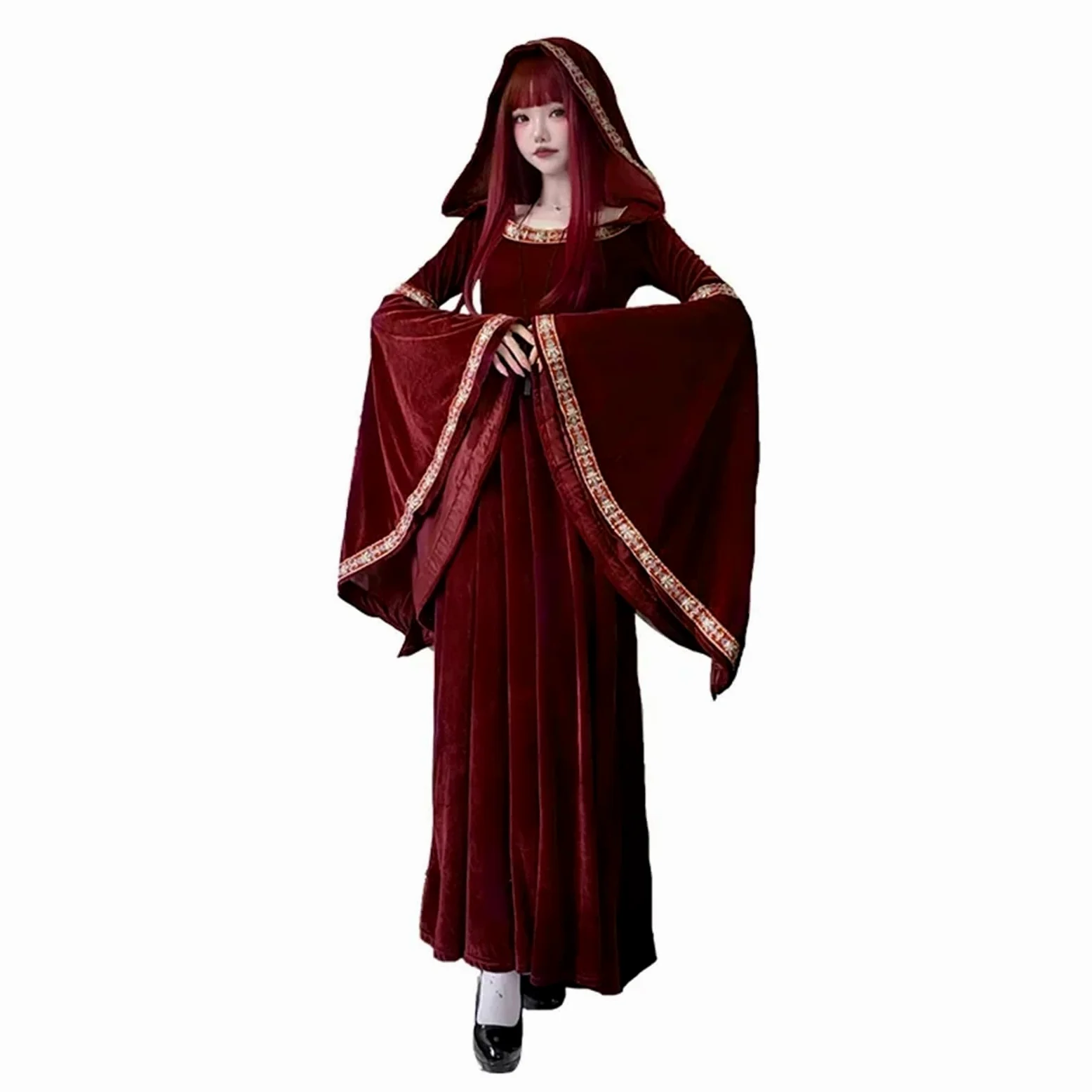 Vestido vintage de bruja Disfraz de vampiro medieval vintage for mujer adulta, vestido bruja largo con sombrero rojo, accesorios escenario