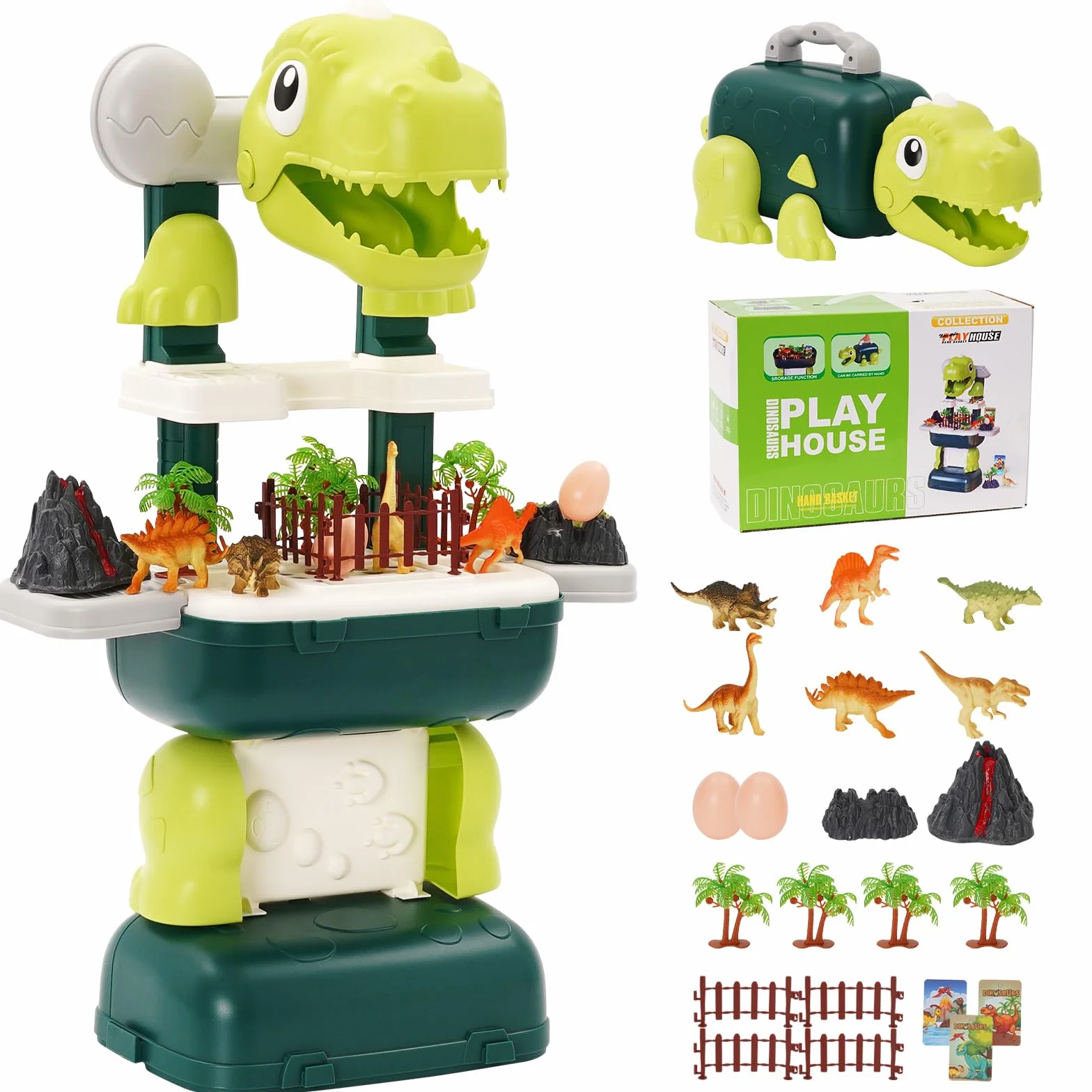Juguetes de Dinosaurios 22PCS Realistas con Volcán, Huevo y Caja de Almacenamiento para Niños 3-8 Años