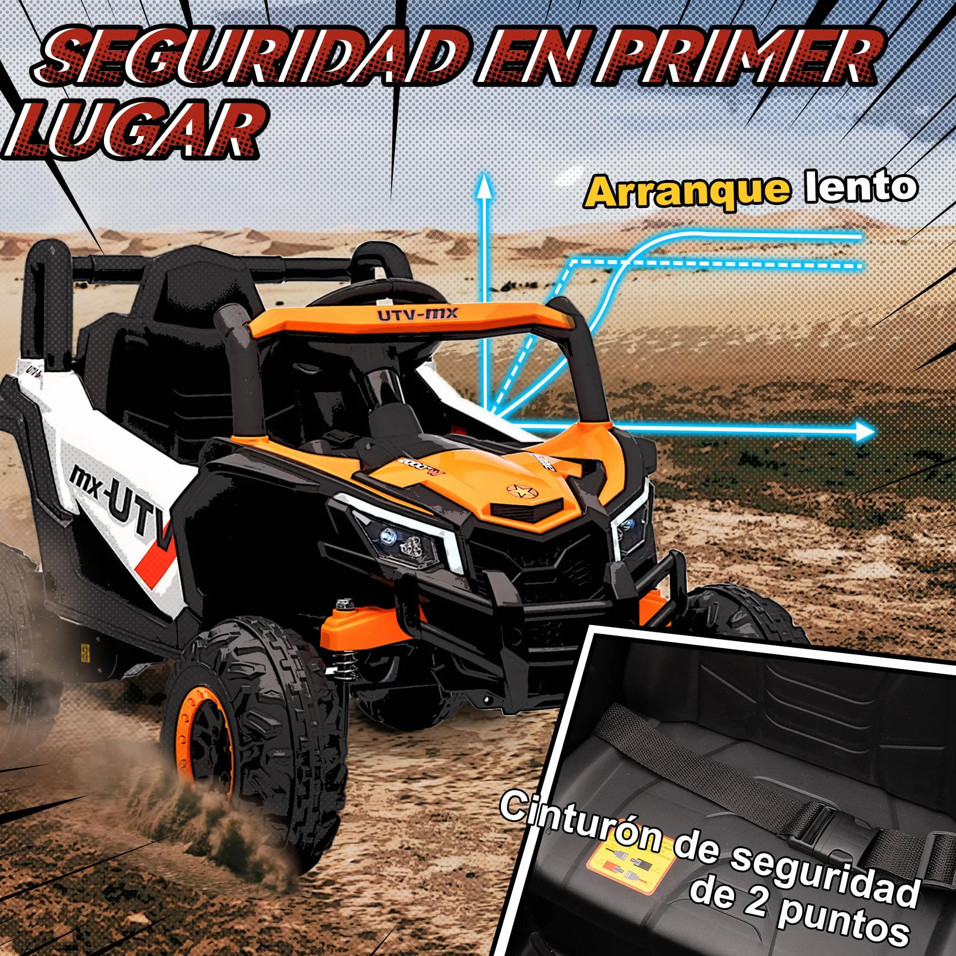 AIYAPLAY Coche Eléctrico 12V UTV 2 Motores Control Remoto 2,4G Velocidad 7 km/h Suspensión Faros USB para Niños +3 Años Naranja