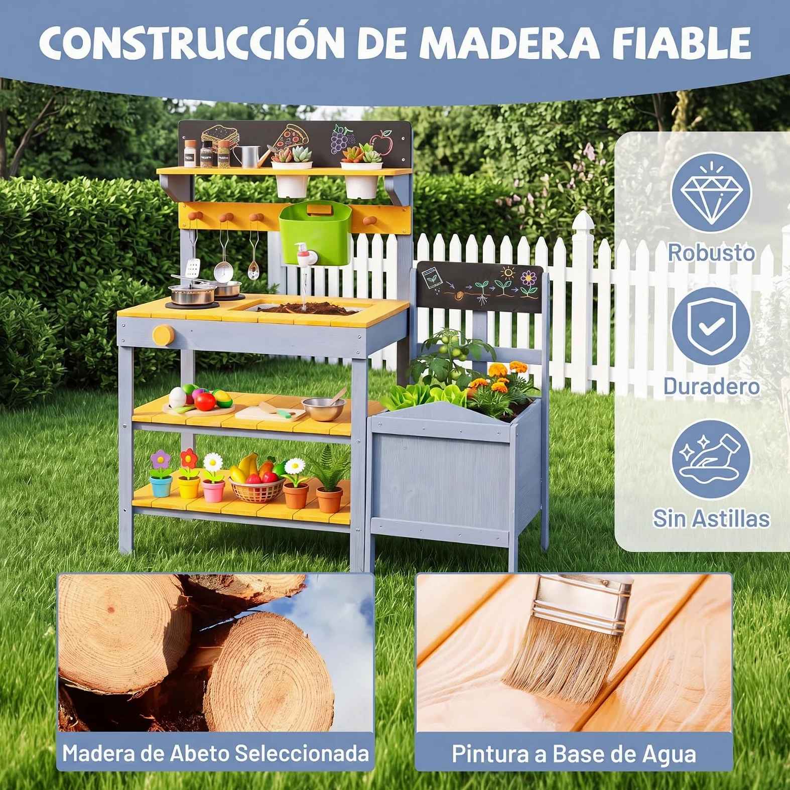 COSTWAY Cocina de Barro Exterior para Niños, Cocinita de Madera Infantil | con Jardinería, Estantes, Pizarras, Fregadero, Depósito de Agua, Macetas, Sartén, Juego de Rol para 3+ Años