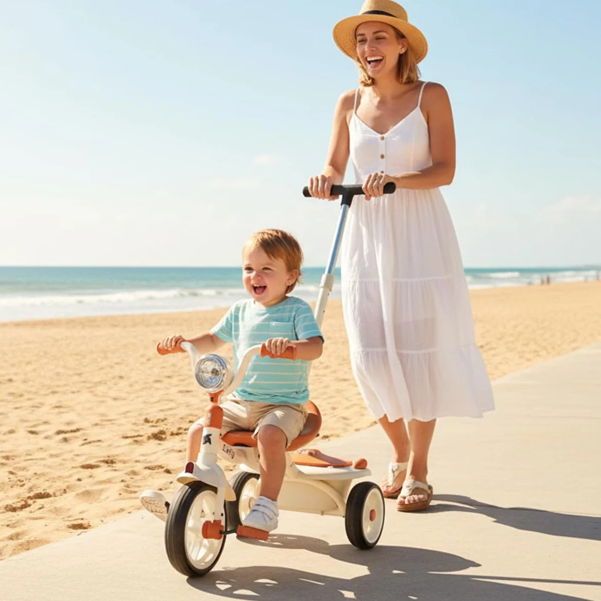 Twinly Triciclo Evolutivo Plegable Carly, Blanco, 1-5 Años | Ligero y Compacto, Manillar con Luz y Sonido, Cesta Incluida, Barra de Empuje Ajustable