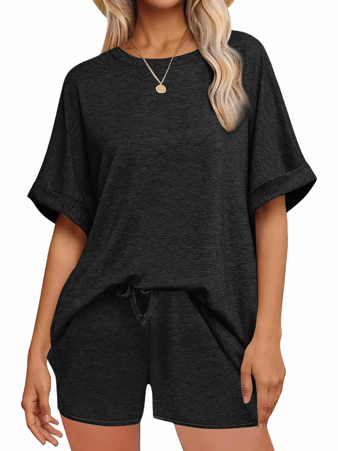 Mujer Chándal 2 Piezas Pantalones Cortos Verano Camiseta Bolsillos Cuello Redondo