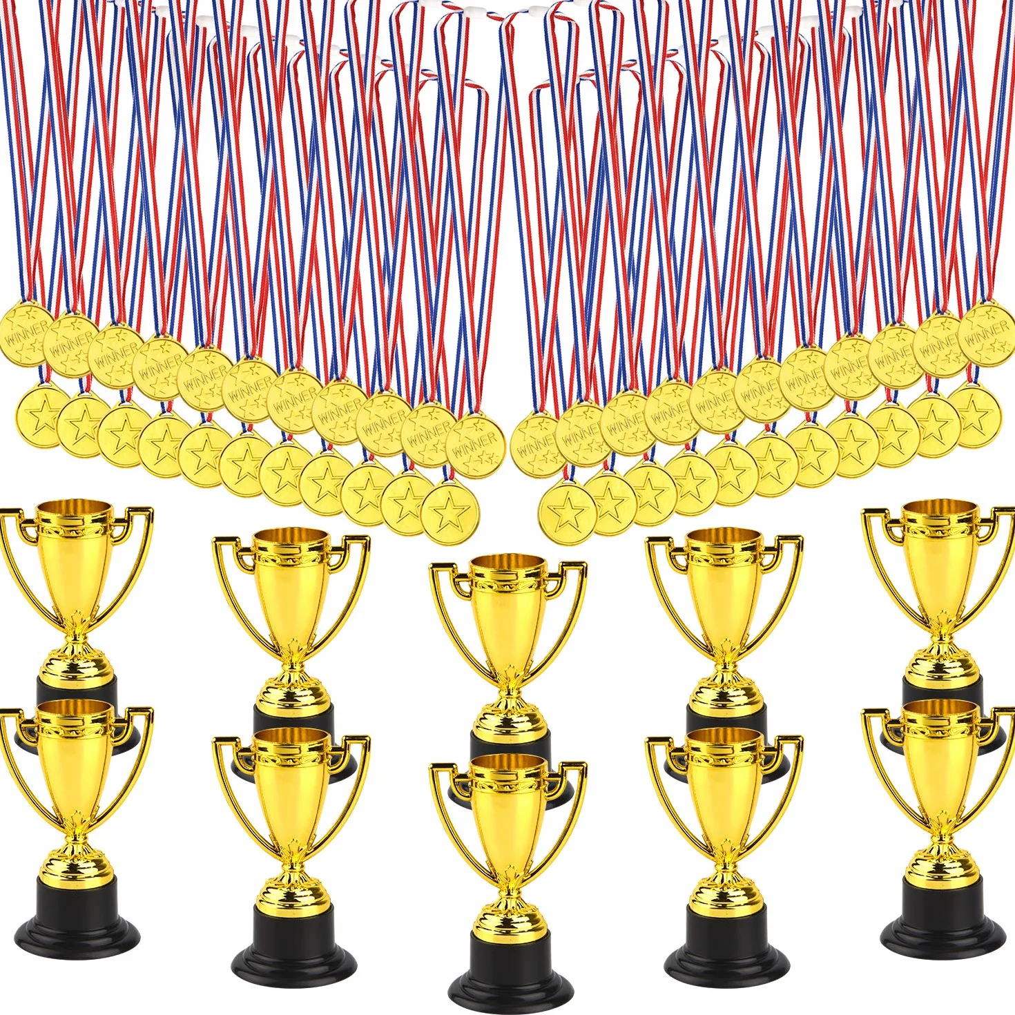 FEPITO Juego de Medallas y Copas de Trofeo 50 Piezas, Copa de Plástico Dorada 10 Piezas, Medallas de Ganador 40 Piezas para Premios Infantiles
