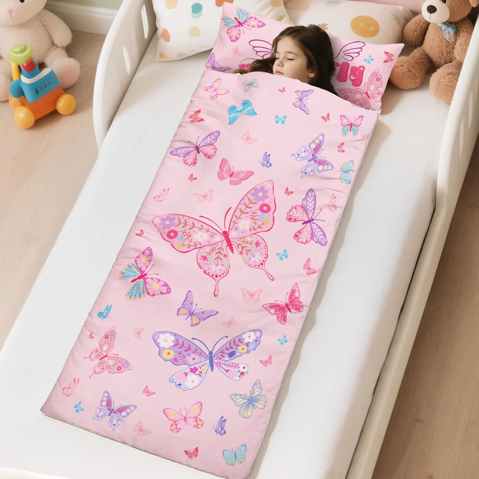 decalsweet Saco de Dormir Infantil con Almohada Extraíble, Cálida Plegable Alfombrilla de Siesta para Niños y Niñas, Bolsa de Dormir con Cremallera para Camping Siesta, 150×60cm