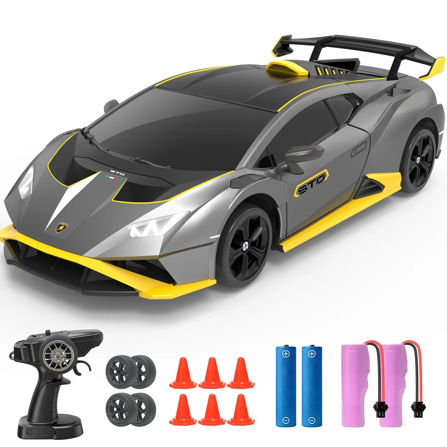 YONCHER Coche Teledirigido, 1:24 20KM/H RC Drift Coche, Lamborghini con Licencia Oficial, 2.4GHz 4WD Drift RC Car con Luces,para Niñas Adultos