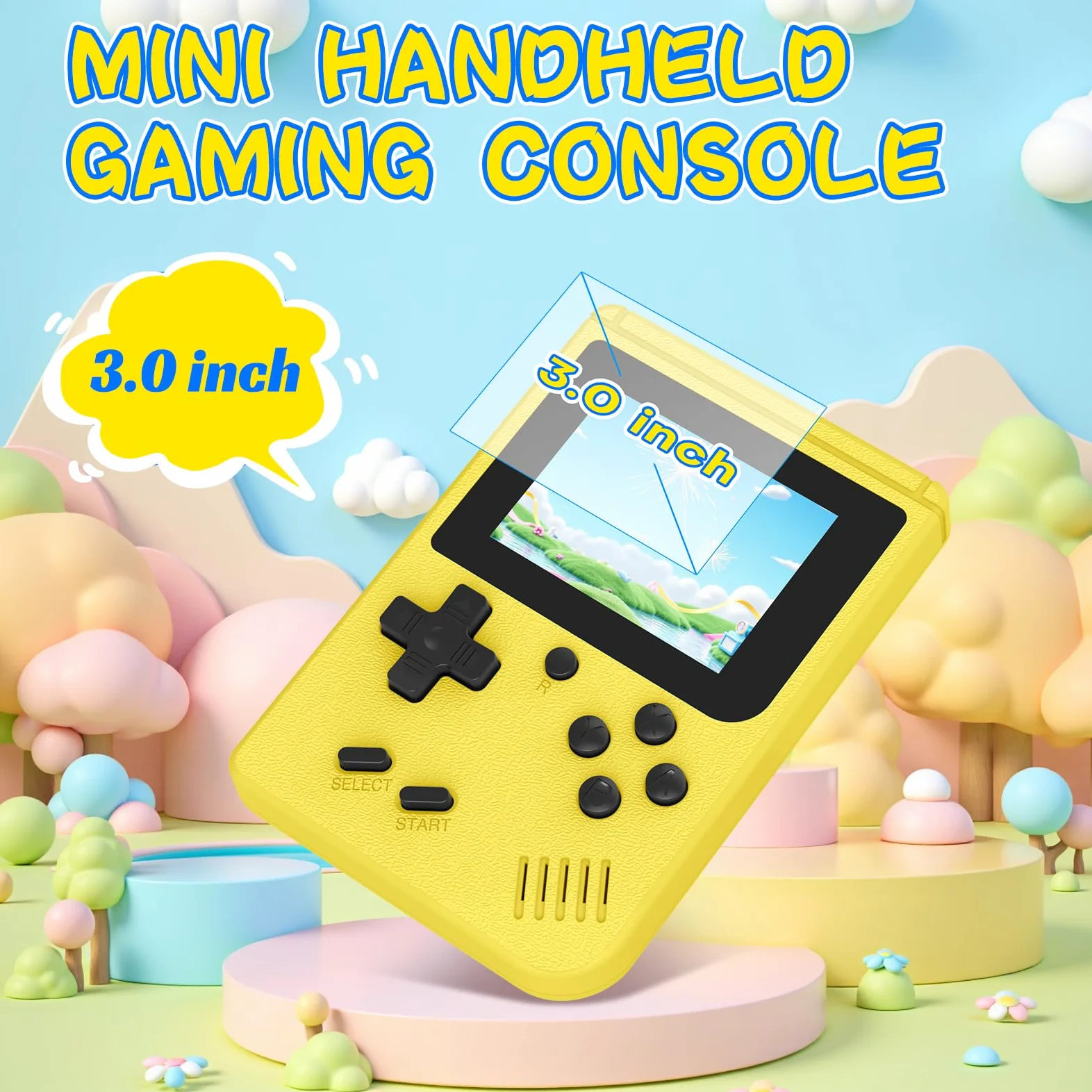Consola de juegos retro, consola de juegos retro clásica incorporada, pantalla IPS de 3.0 pulgadas, batería recargable de 1020 mAh, consola de videojuegos portátil de arcade (amarillo)