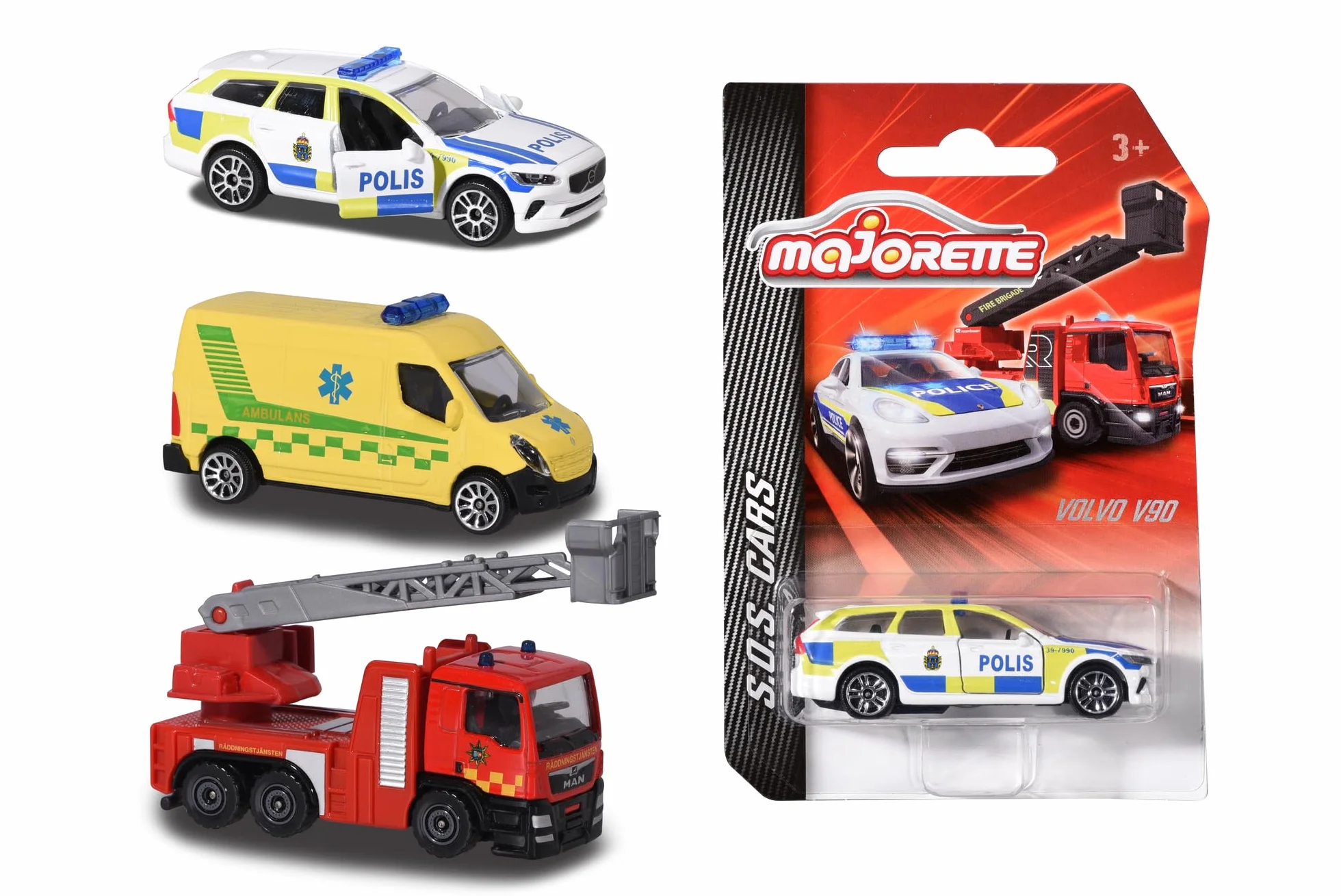 Majorette 212057182033 Vehículos de rescate suecos Vehículo de rescate sueco, disponible como camión de bomberos, coche de policía Volvo V90 o ambulancia, 7,5 cm, a partir de 3 años (varios)