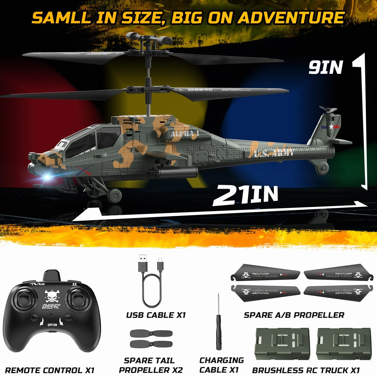 DEERC Helicóptero RC para Adultos y niños, helicóptero Militar Control Remoto 2.4 GHz, 2 baterías, 26 Minutos de Vuelo, Luces LED, retención altitud, despegue con una Sola tecla, Apto para Interiores