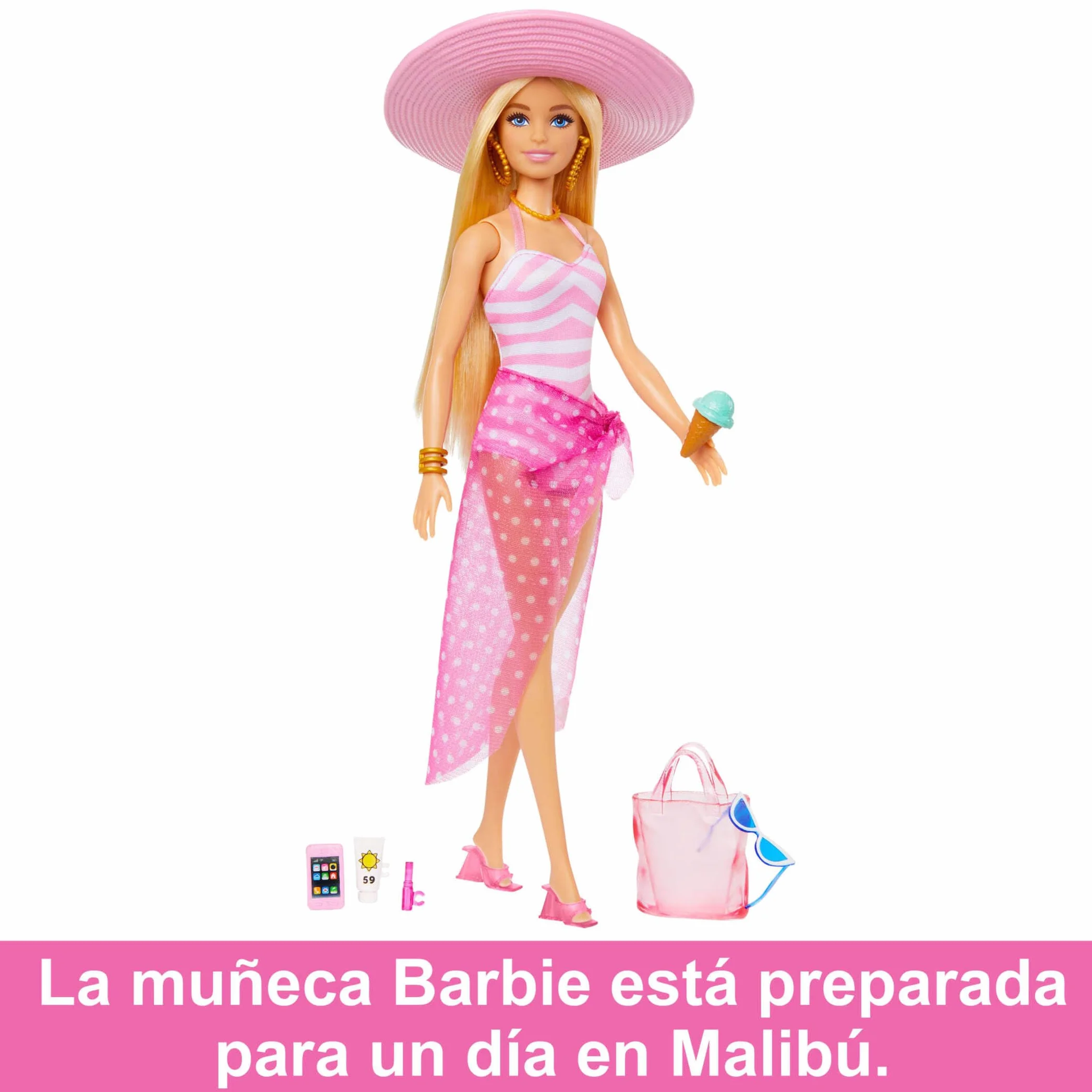 Barbie Muñeca Rubia con Traje de baño Rosa y Blanco, Sombrero, Bolso y Accesorios de Playa +3 años, HPL73