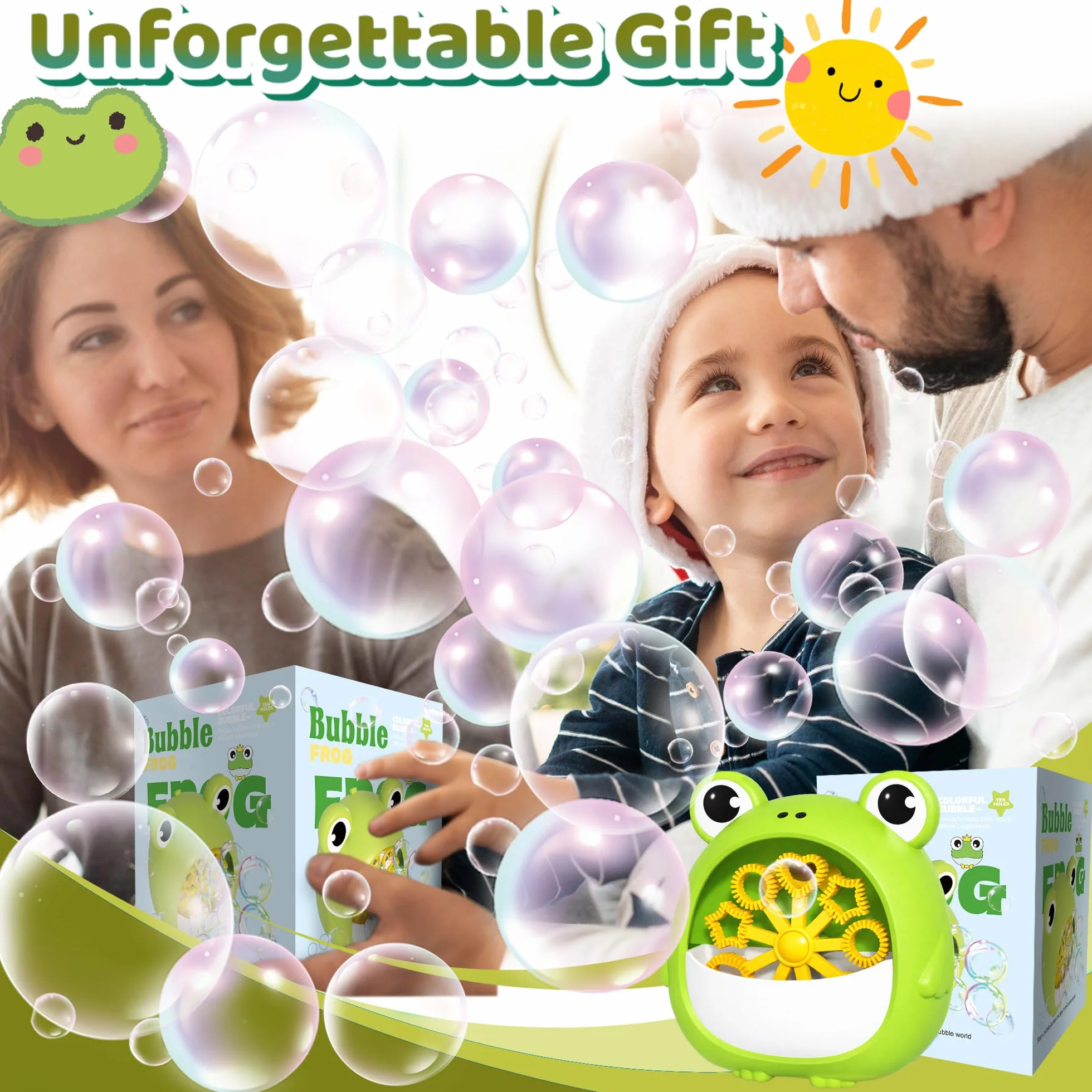 Chennyfun Máquina de Burbujas Rana para Niño, Juguete Portátil y Automática Hacer Burbujas 2000+/Min, Máquina de Soplado Burbujas con Solucione, Interior Exteriores Boda Fiesta Regalo Cumpleaño Juegos