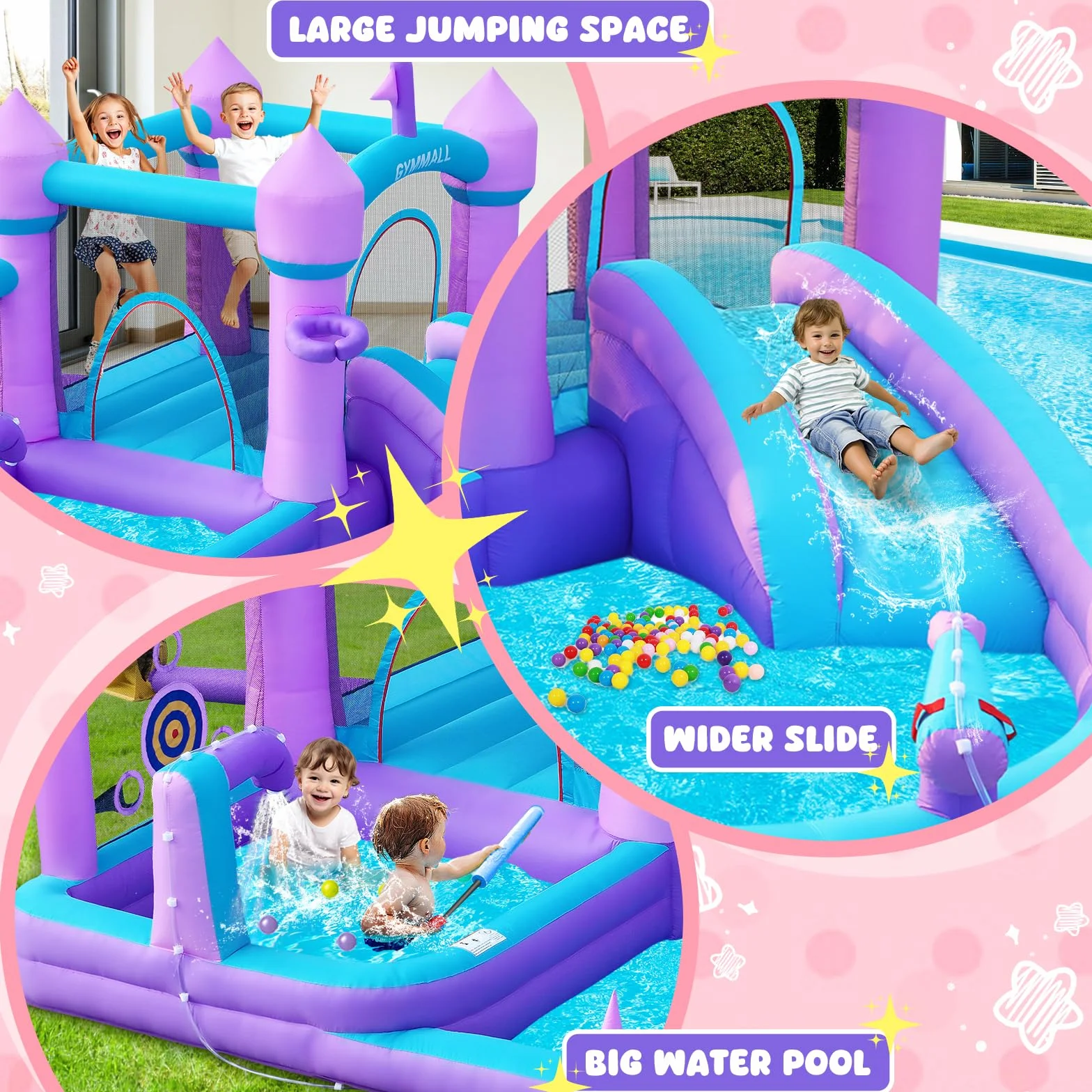 Castillo Inflable para Niños de 3-8 años, Casa de los Sueños Morada con Tobogán de Agua y Soplador de 480W, Gran Castillo Inflable con Zona de Salto, Piscina de Bolas, Alberca