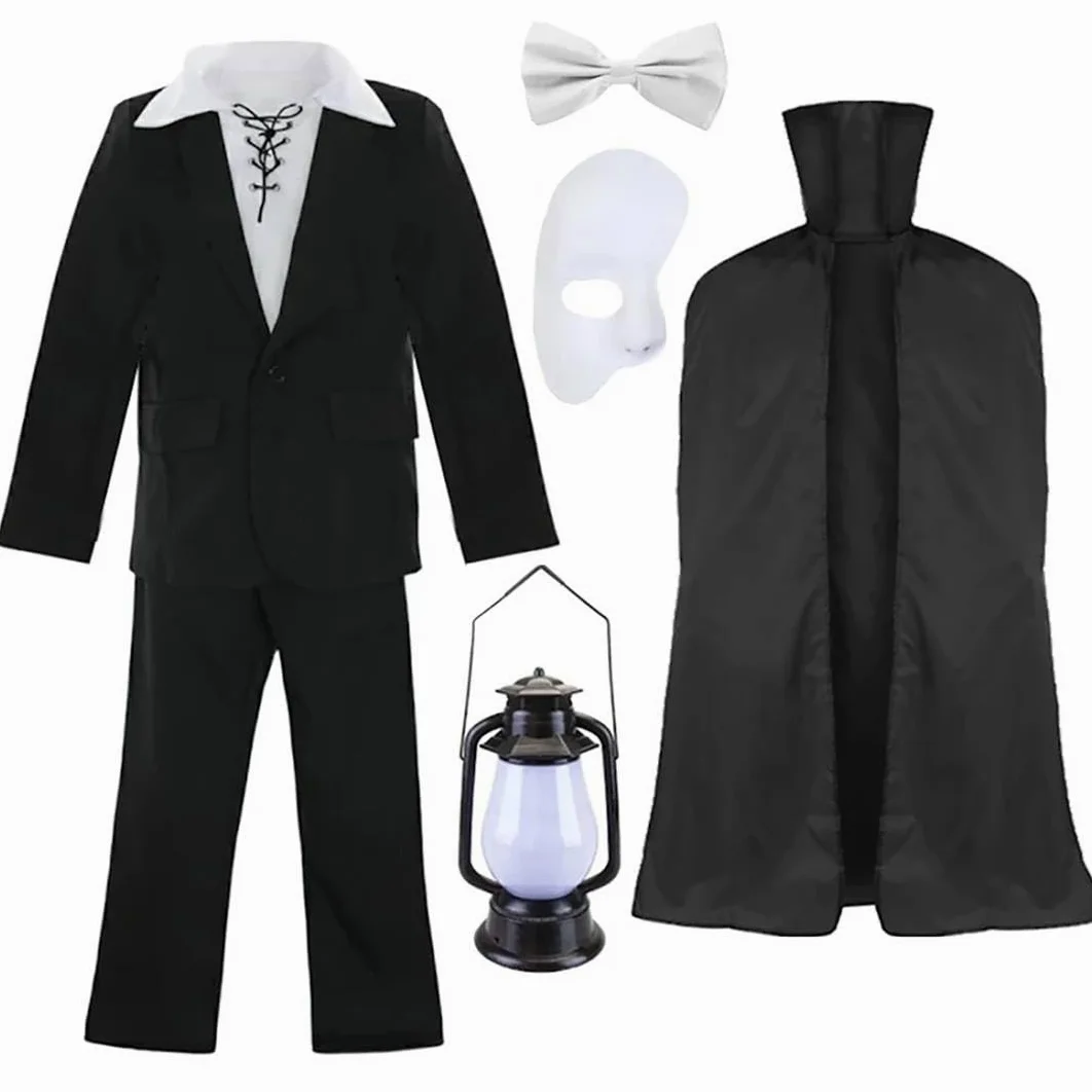 Disfraz de fantasma para adultos, traje negro, camisa blanca con cordones, capa negra, máscara de media cara, pajarita, linterna, disfraz de Halloween de ópera musical para hombre