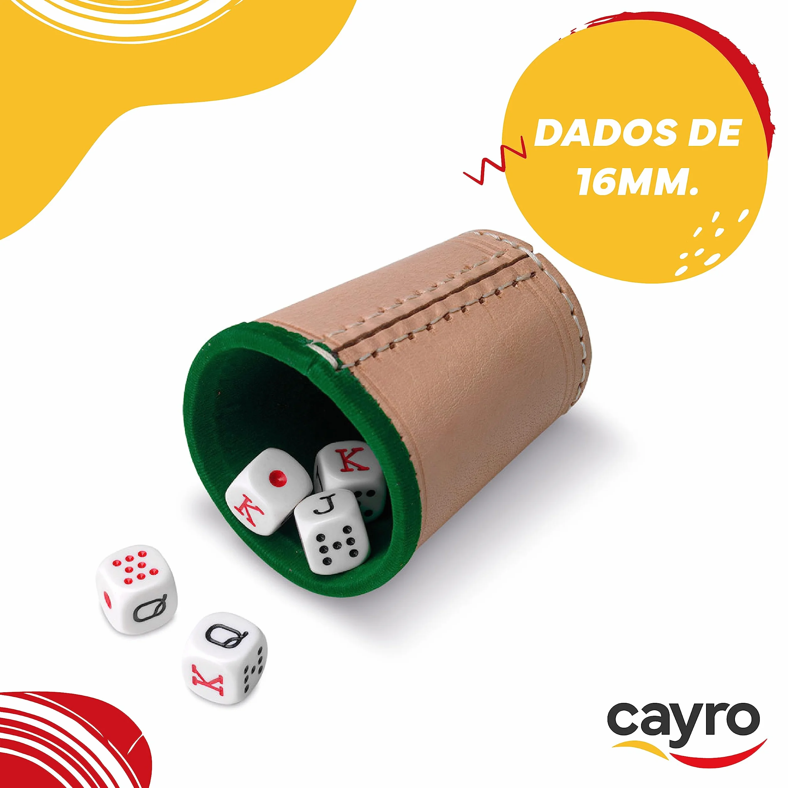 Cayro - Juego Dados Póker - Cubilete + 5 Dados de Póker - Cubilete de Cuero Forrado en Interior - Juego de Mesa Adultos - Ideal para Regalar - Jugar en Familia