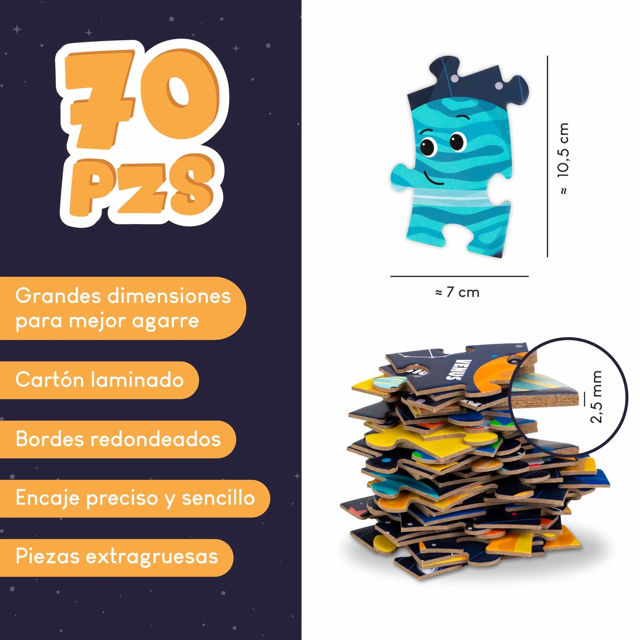 BONNYCO Puzzle XXL Sistema Solar 70 Piezas 58x58 cm Rompecabezas Redondo Planetas Juegos Educativos Niños 4 Años