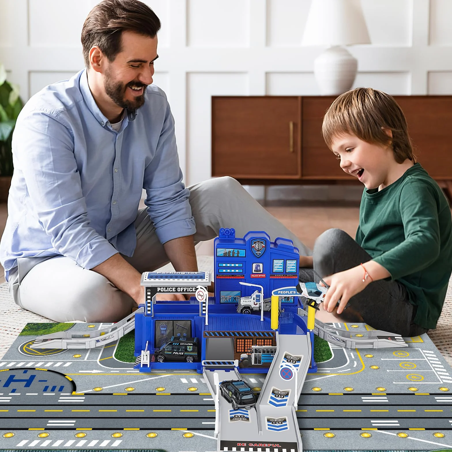 deAO City Estación de Bomberos, Departamento de Policía, Estación de Construcción, Base Militar, Helicóptero, Camión, Mapa, Regalo para Niños y Niñas de 6 Años (Azul)
