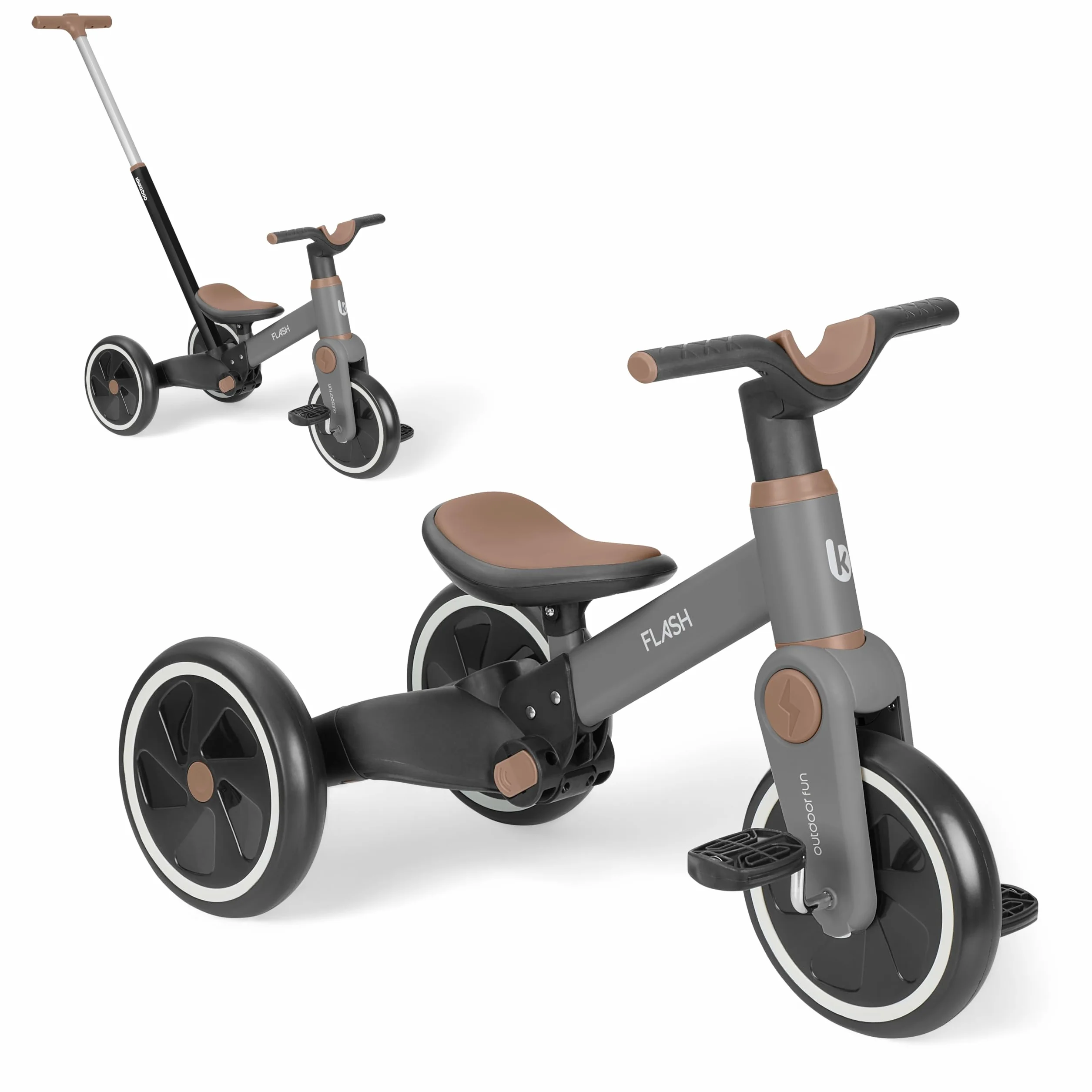 KikkaBoo Triciclo Evolutivo de Bebé 5 en 1 Flash, Desde 18 Meses a 4 Años, Transformable en Bicicleta Sin Pedales, con Manillar de Empuje Ajustable, Ligero, Ruedas EVA, Gris