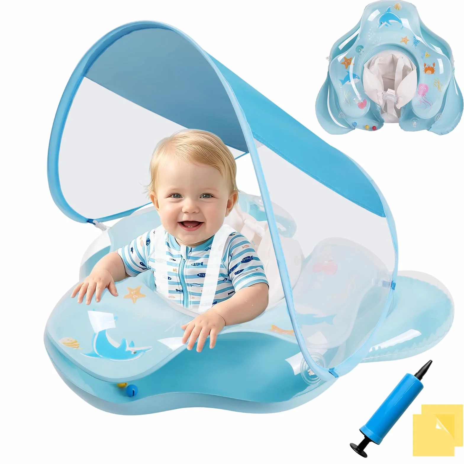 Ninonly Flotador Bebe con Sombrilla UV UPF 50+ Inflable Protección Solar Antivuelco Piscina Bebe Asiento Respaldo 12-36 Meses