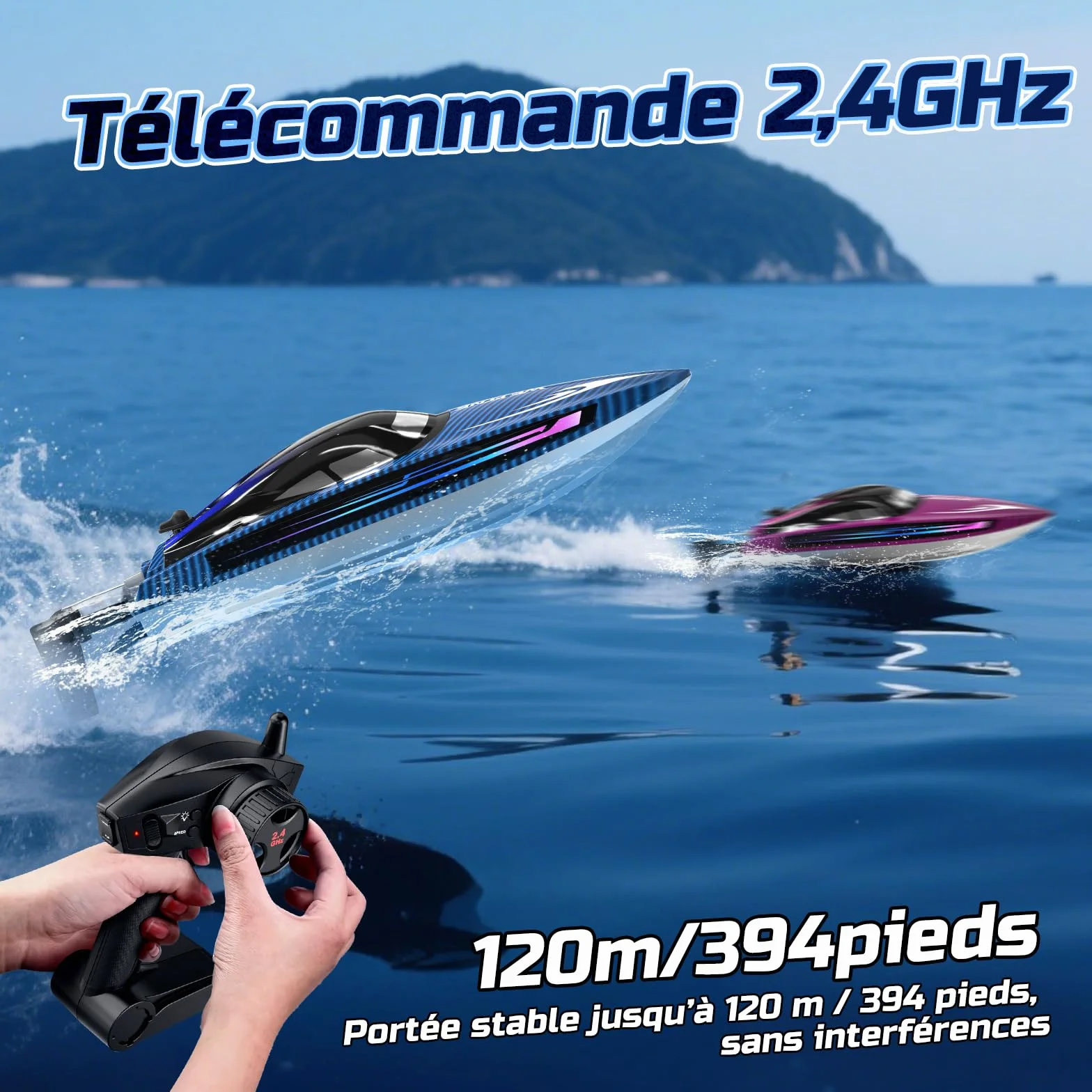 WeFone Barco teledirigido para adultos, 25+ KMH Fast RC Speed Boat con luz LED para niños, DEMO, WF17, ideal para piscinas y lagos de juguete, 2 baterías recargables durante 30-40 minutos (azul)