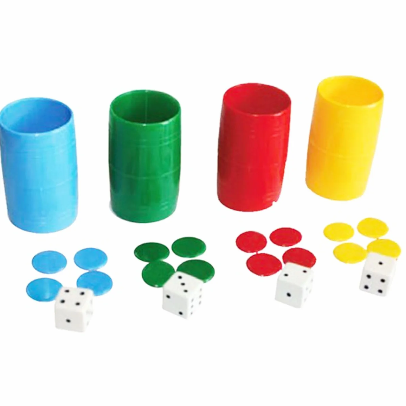 Set de Cubiletes de Plástico para Parchís y Oca, con Dados y Fichas, Multicolor (Set 4 cubiletes - Multicolor)