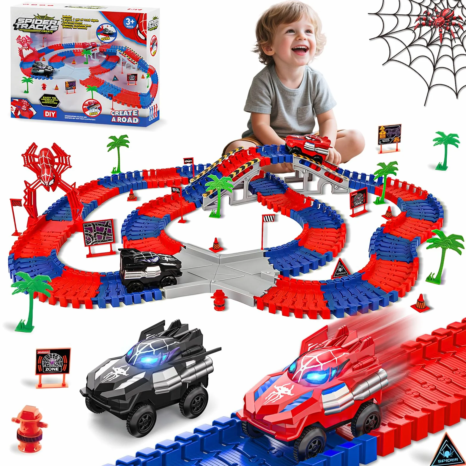 Kssvzz Spider Circuito Coches Niños 2 3 4 5 6 Años, Flexible Pista de Carros Juguete, Regalo Cumpleaños Navidad Niño Niña 2-8 Años(212 Piezas)
