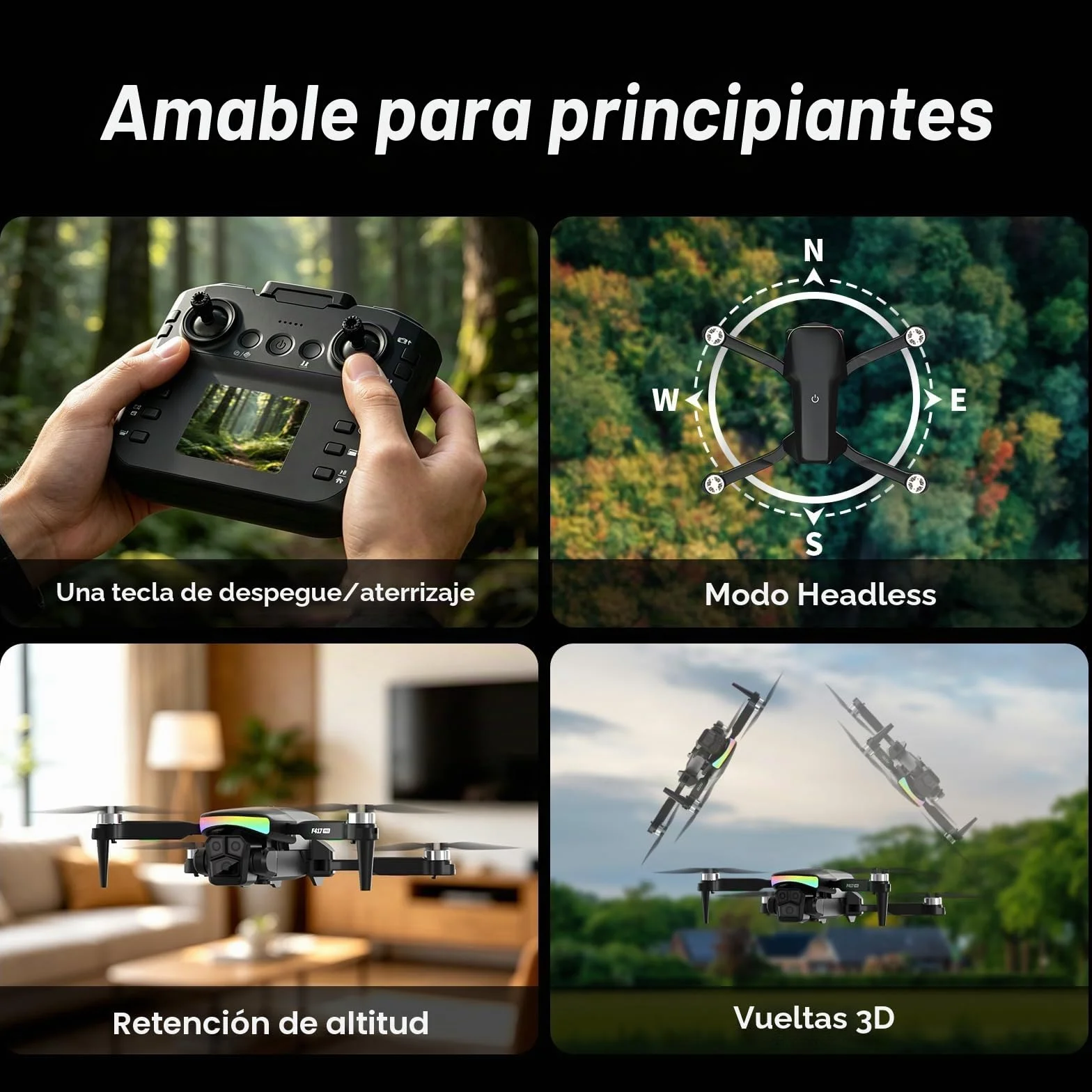 F417PRO Drone con Cámara 1080P para Adultos Niños, Mini Drone con Pantalla, Doble Lente 90°, LED, Flujo Óptico, Batería Modular, Principiantes, Despegue 1 Tecla, Sin Cabeza, Flip 3D, Maletín