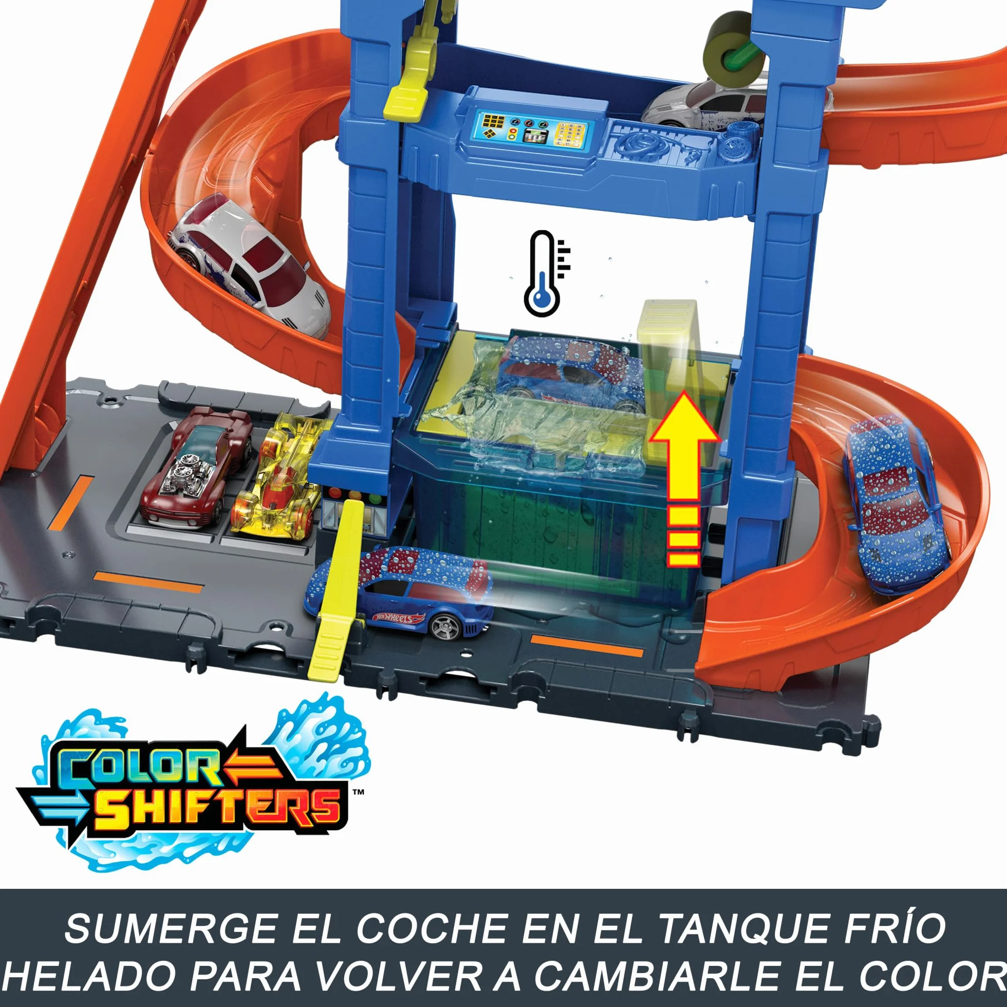 Hot Wheels City “Let's Race - ¡a correr!” Netflix -Túnel de lavado con giros Pista para coches de juguete, incluye 1 vehículo color shifter, +4 años (Mattel HTN80)