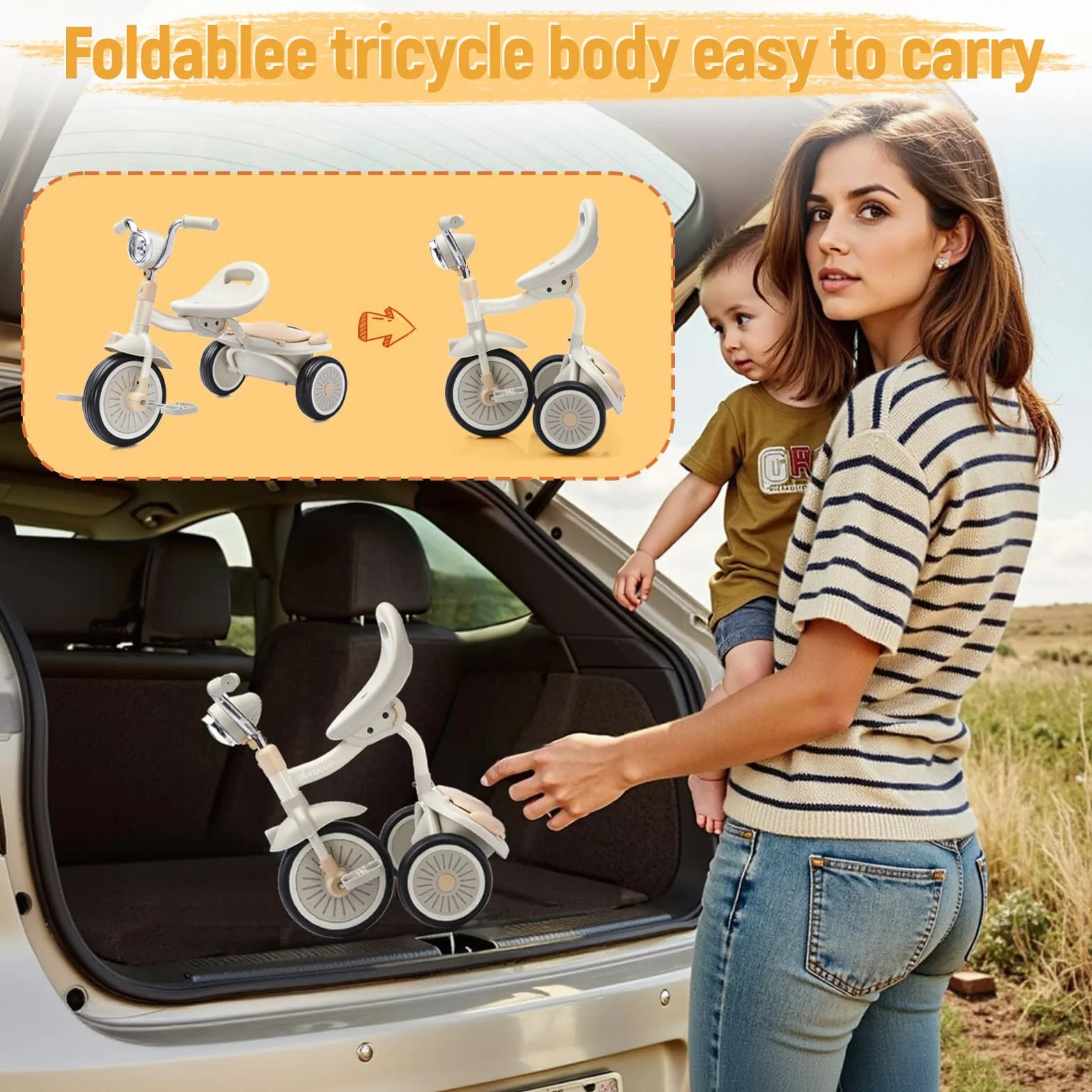 UBRAVOO Bebés Triciclo Plegable, con Pedales, Luces Geniales, Ruedas Duraderas y Asiento Cómodo, Triciclo para Niñas y Niños de 1 a 5 Años (Blanco)