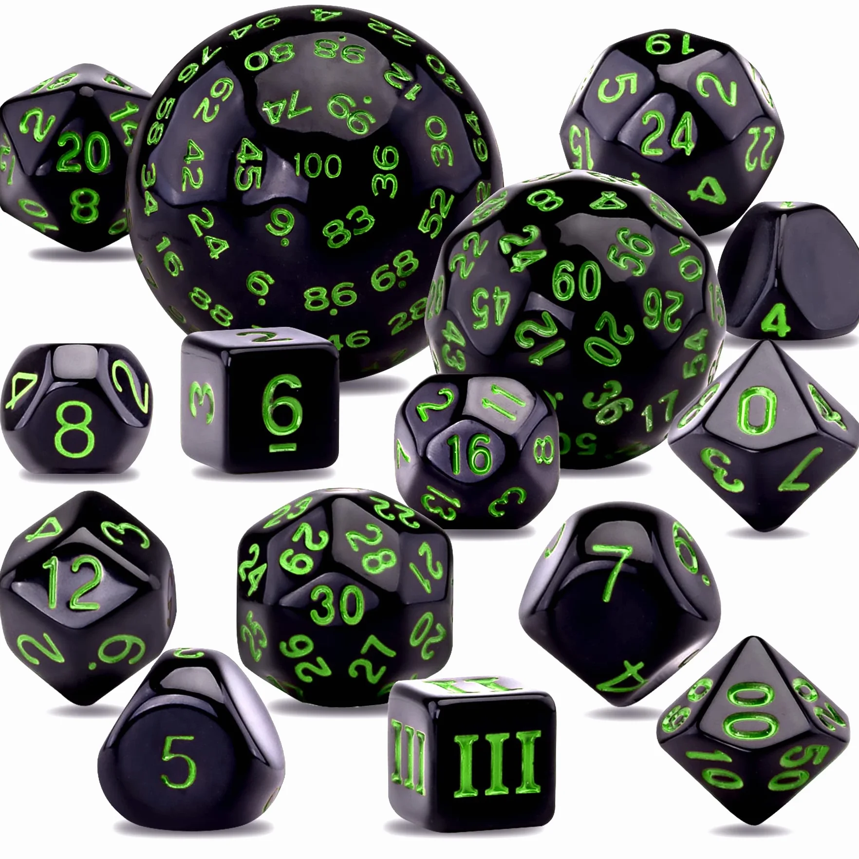 SIQUK 15 Piezas Dados Poliédricos D3-D100 para DND RPG, Negro y Verde