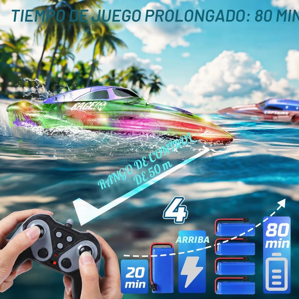 DEERC Juego de 2 Barco Teledirigido de 13 Pulgadas para niños, 4 baterías, 2.4GHz Barcos Teledirigidos con Luces LED y Alarma de Batería Baja, Barcos RC para niños de 8 a 12 años