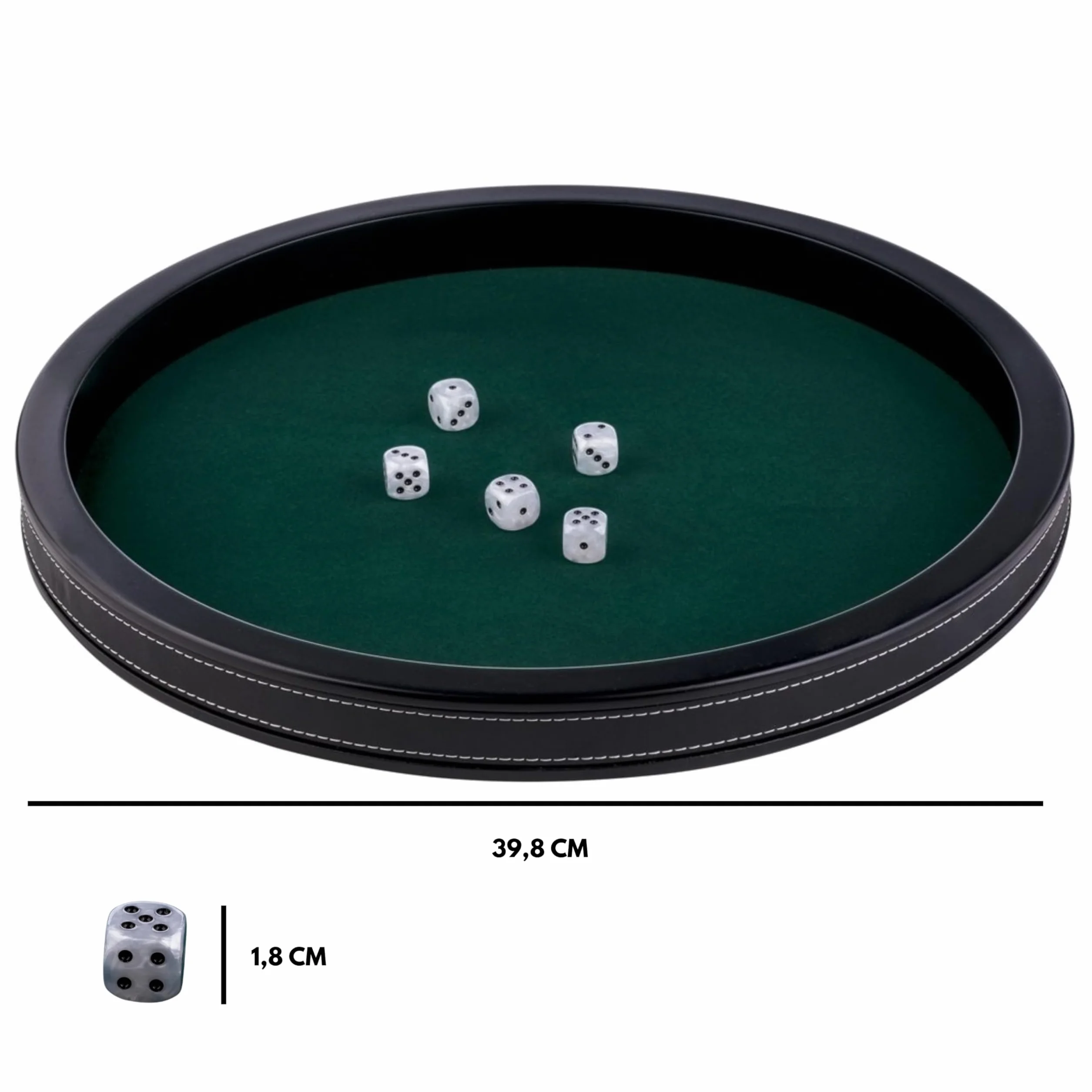 Engelhart-300802 – Bandeja de Póker Redonda 39,8 cm De Lujo – Similpiel Negra – Fieltro Verde Incrustado – Bordes Altos – 5 Dados Incluidos – Accesorio Juegos de Dados